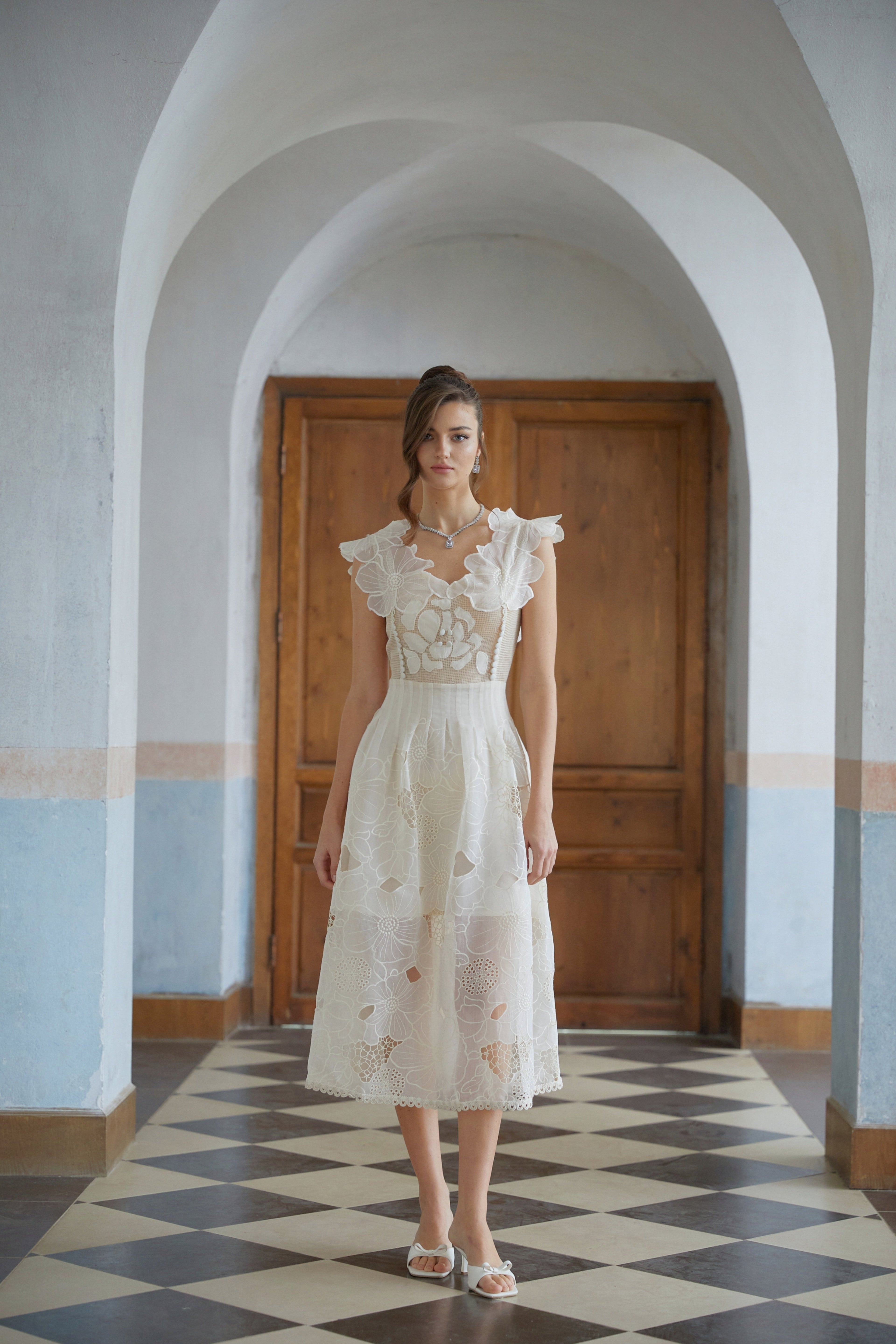 Anaïs neutrals beaded floral-embroidered midi dress