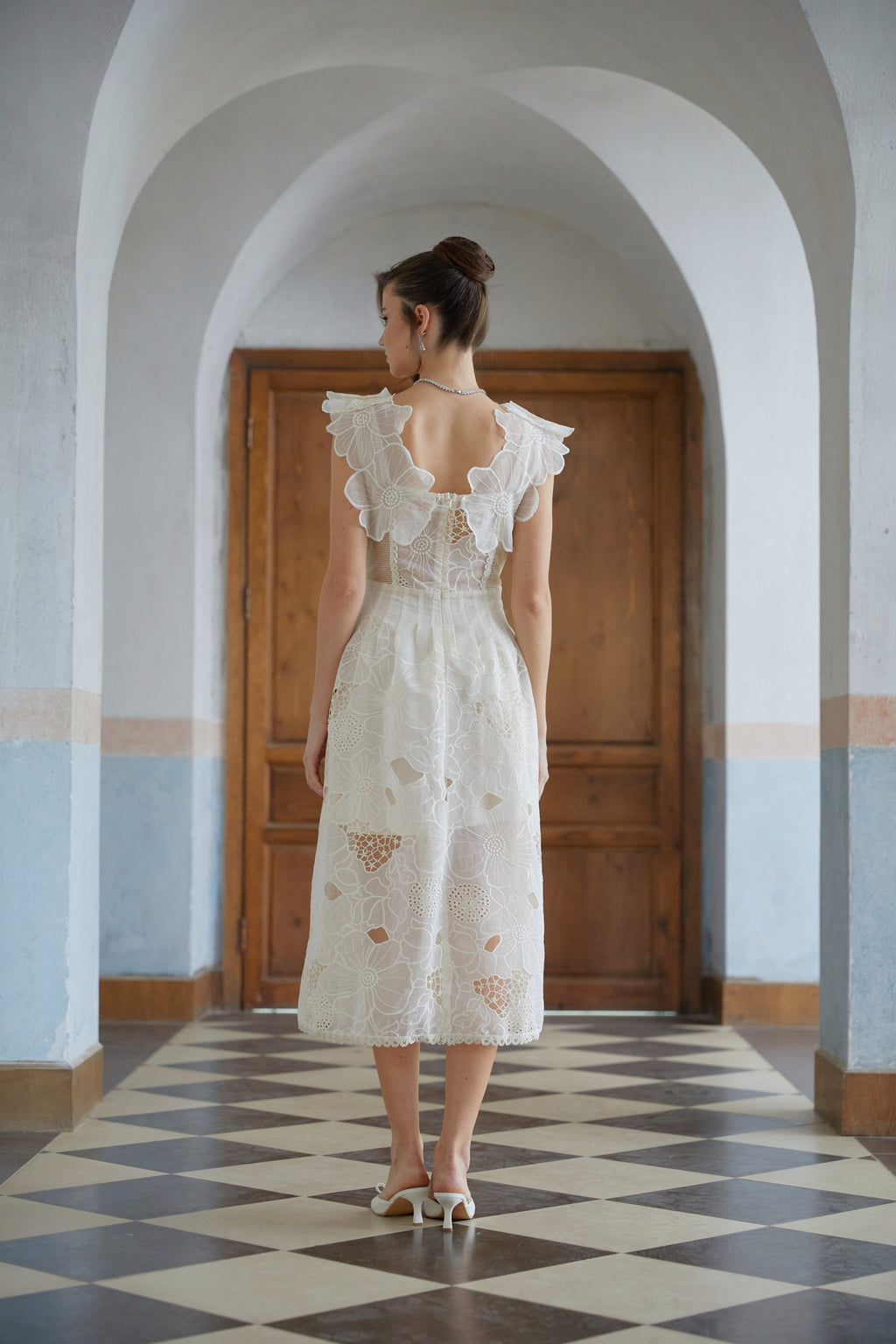 Anaïs neutrals beaded floral-embroidered midi dress
