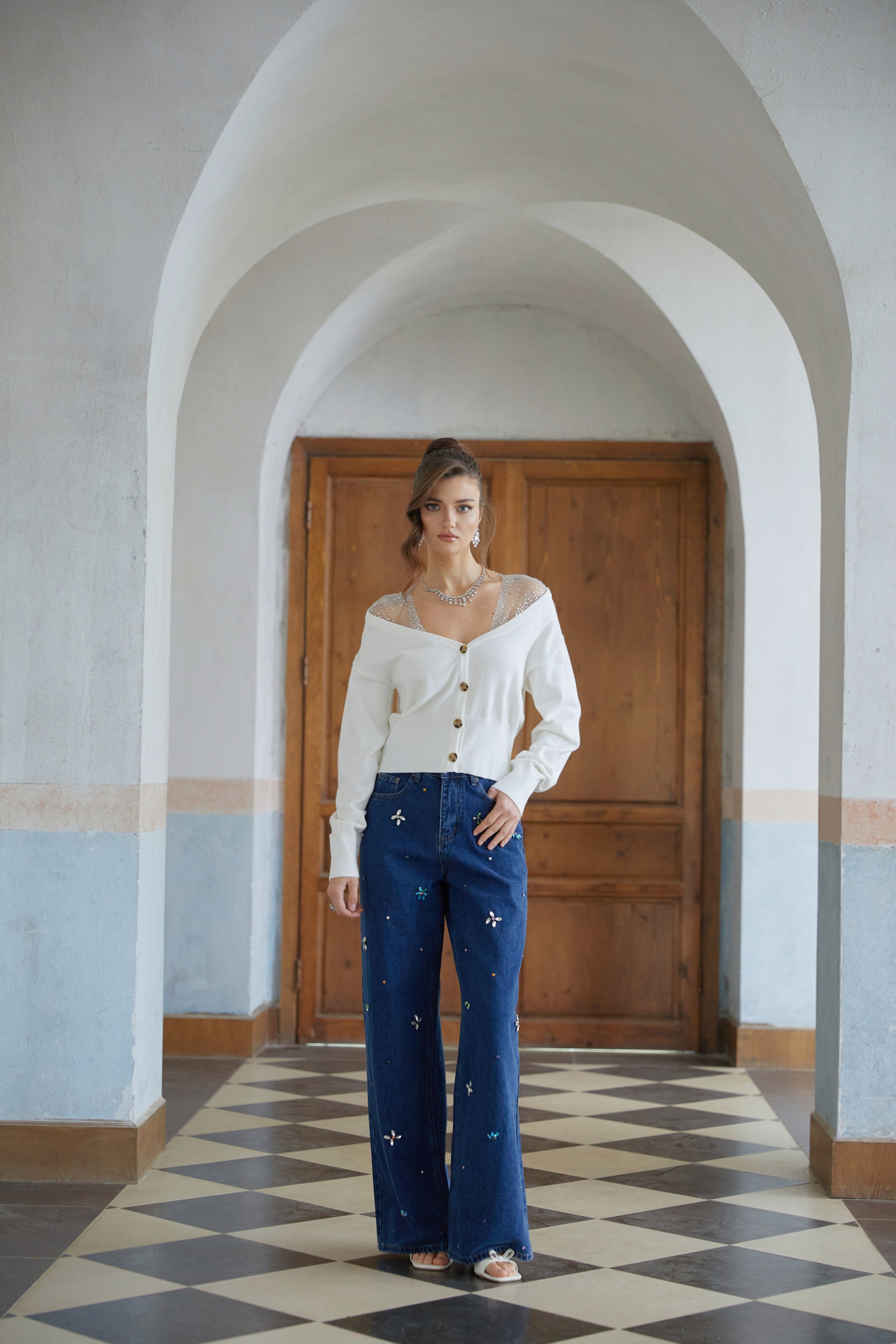 Evie White Rhinestone Tulle Panel Knit Cardigan