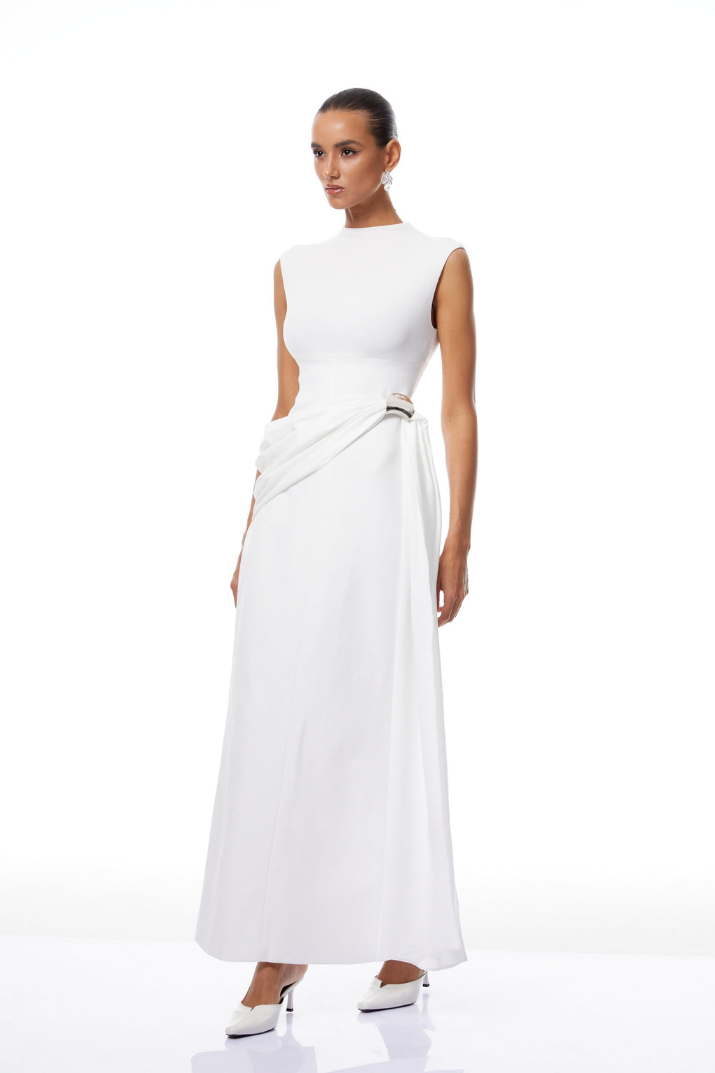 Arna White Knit Panel Gathered Maxi Dress