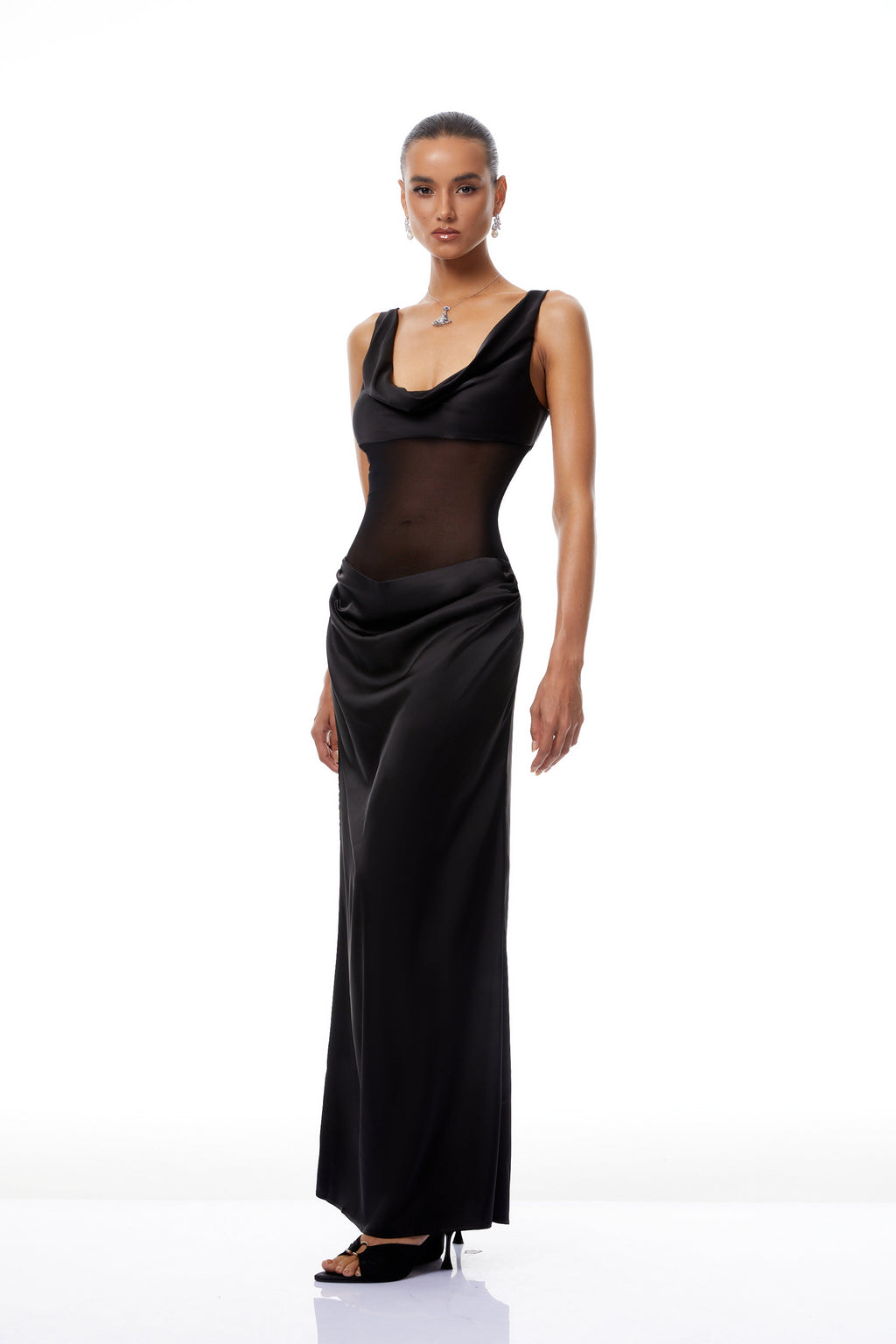Pernilla Black Ruched Satin Maxi Dress