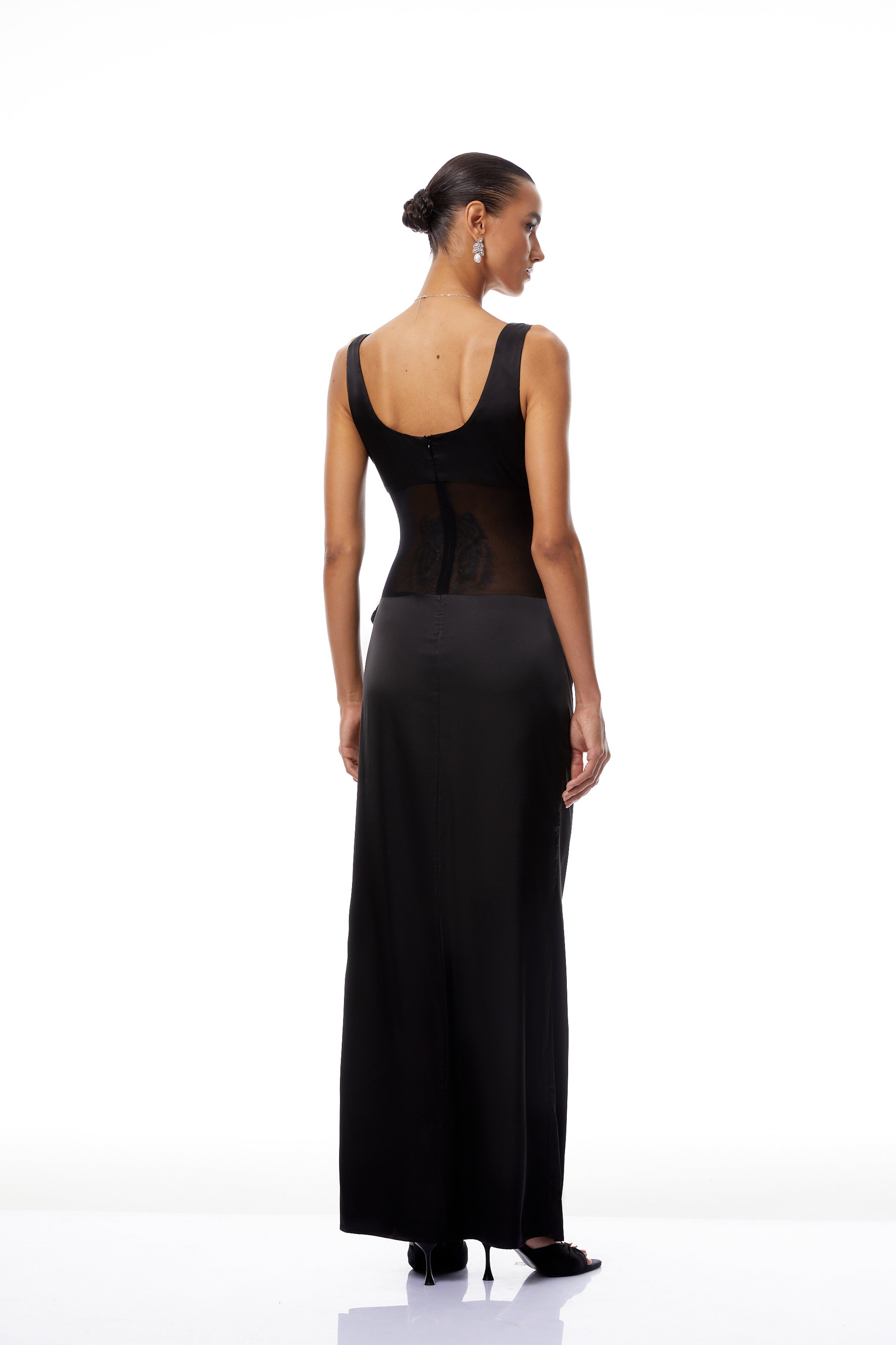 Pernilla Black Ruched Satin Maxi Dress