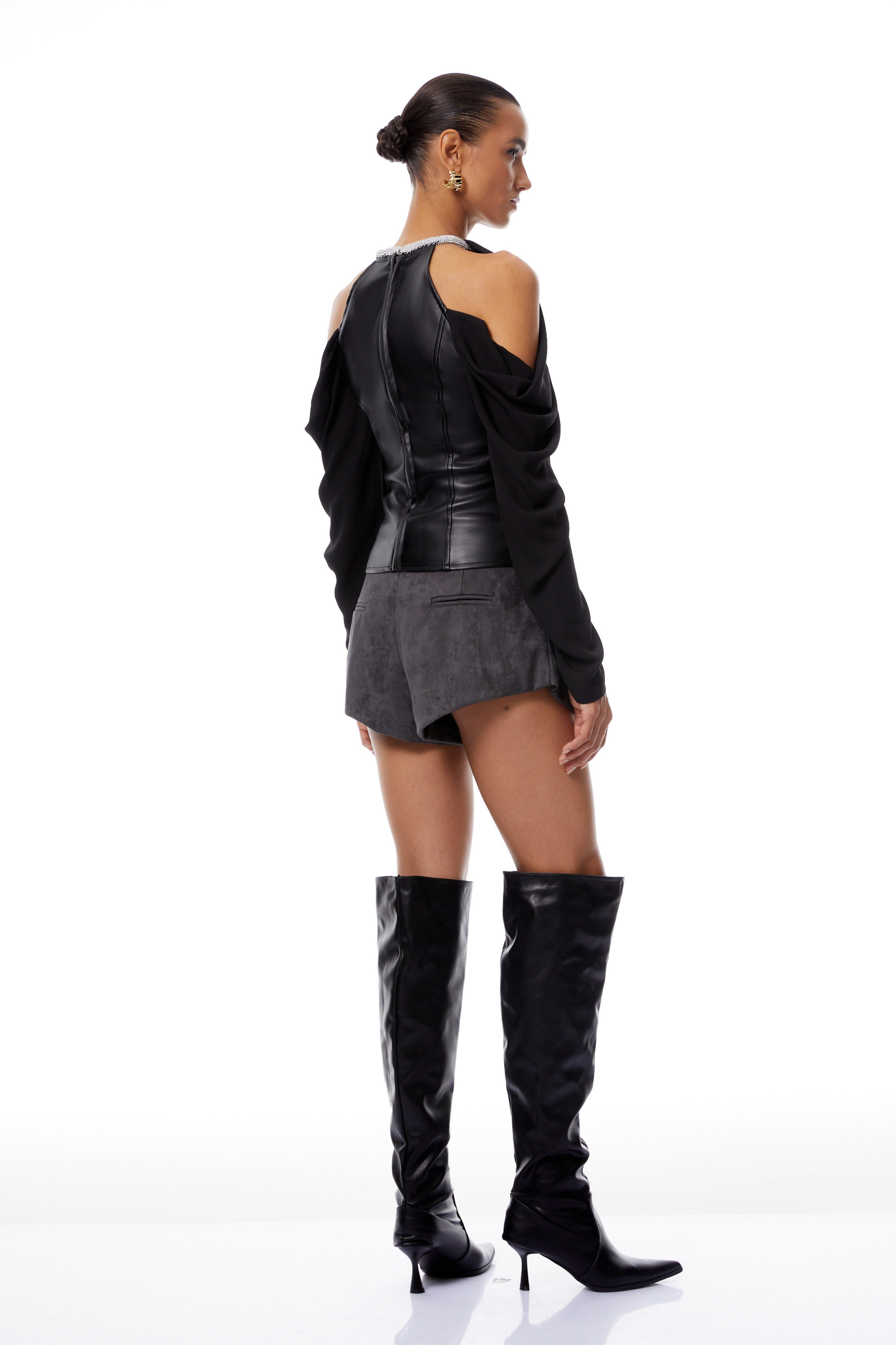 Ursa Black Cold Shoulder Leather Panel Blouse