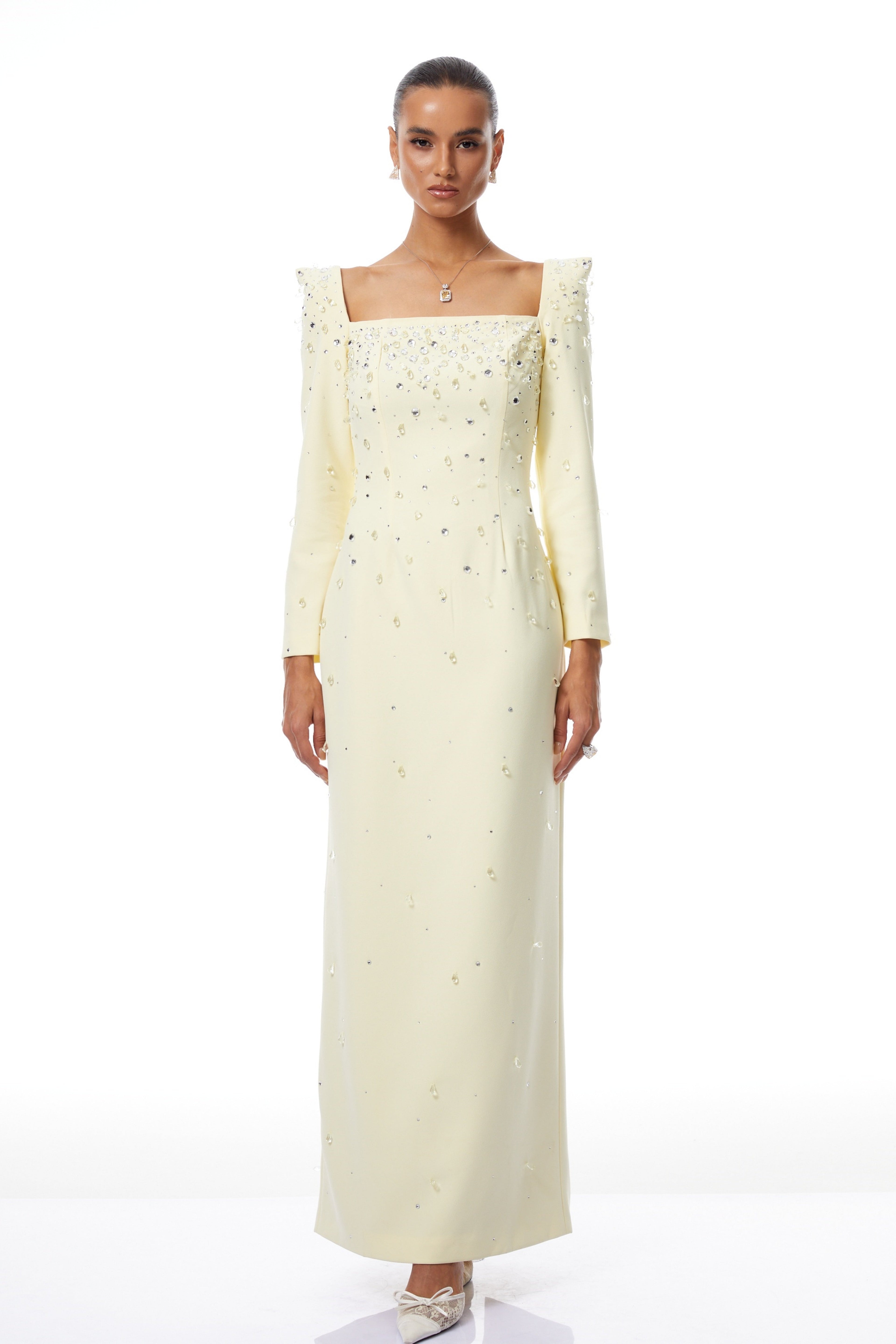 Carmela Yellow Square Neck Embellished Maxi Dress
