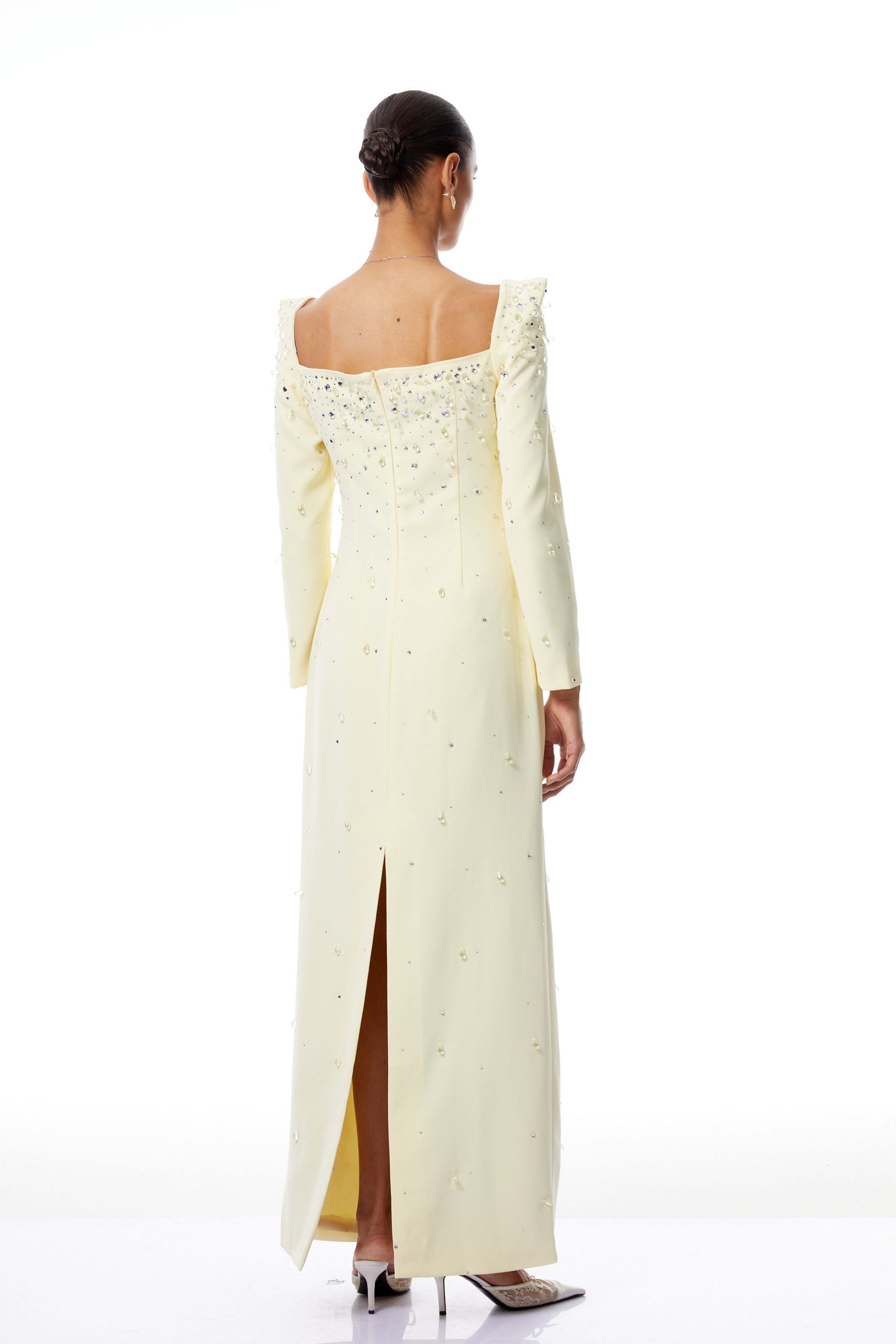 Carmela Yellow Square Neck Embellished Maxi Dress