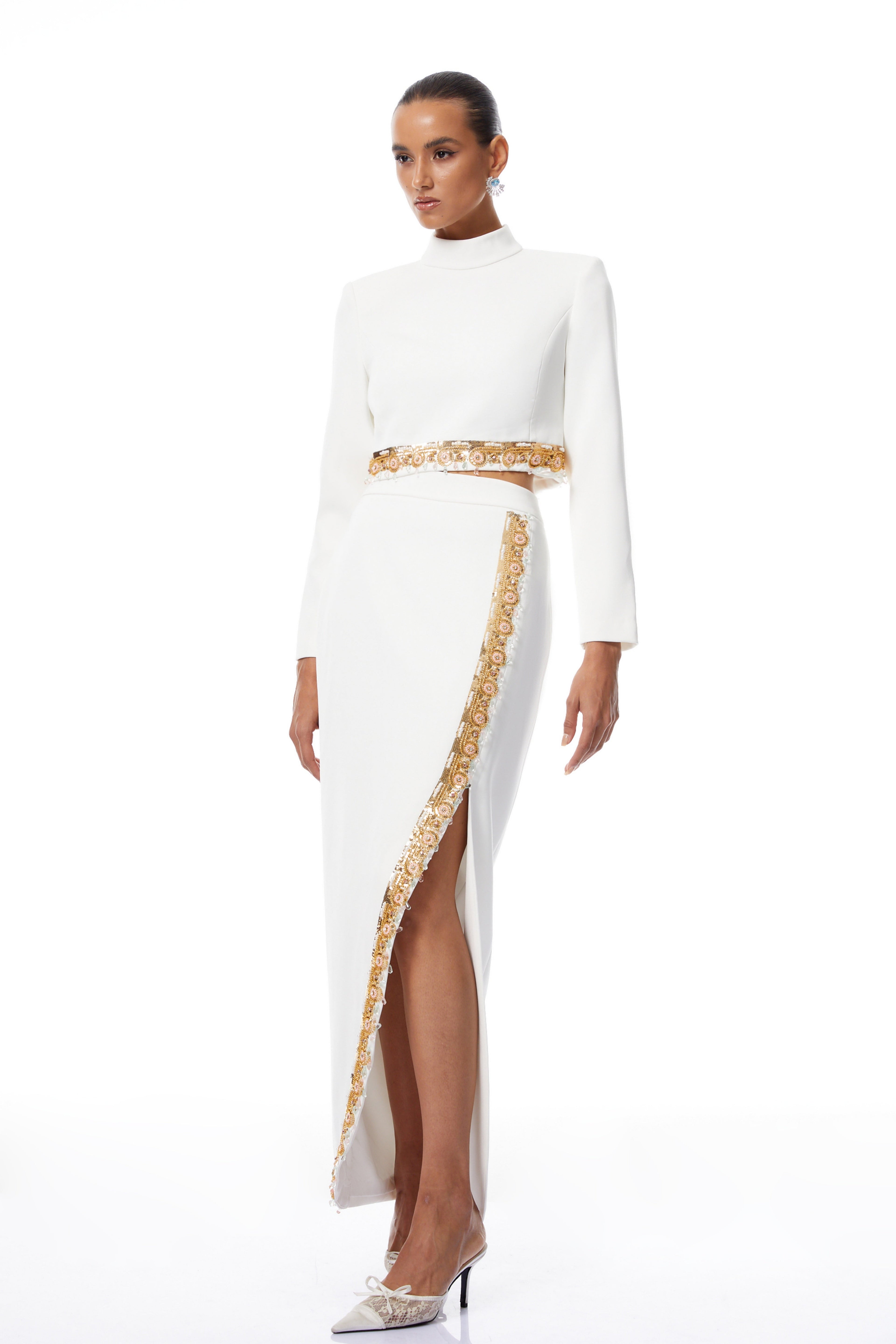 Blossom White Embellished Top & Skirt Set