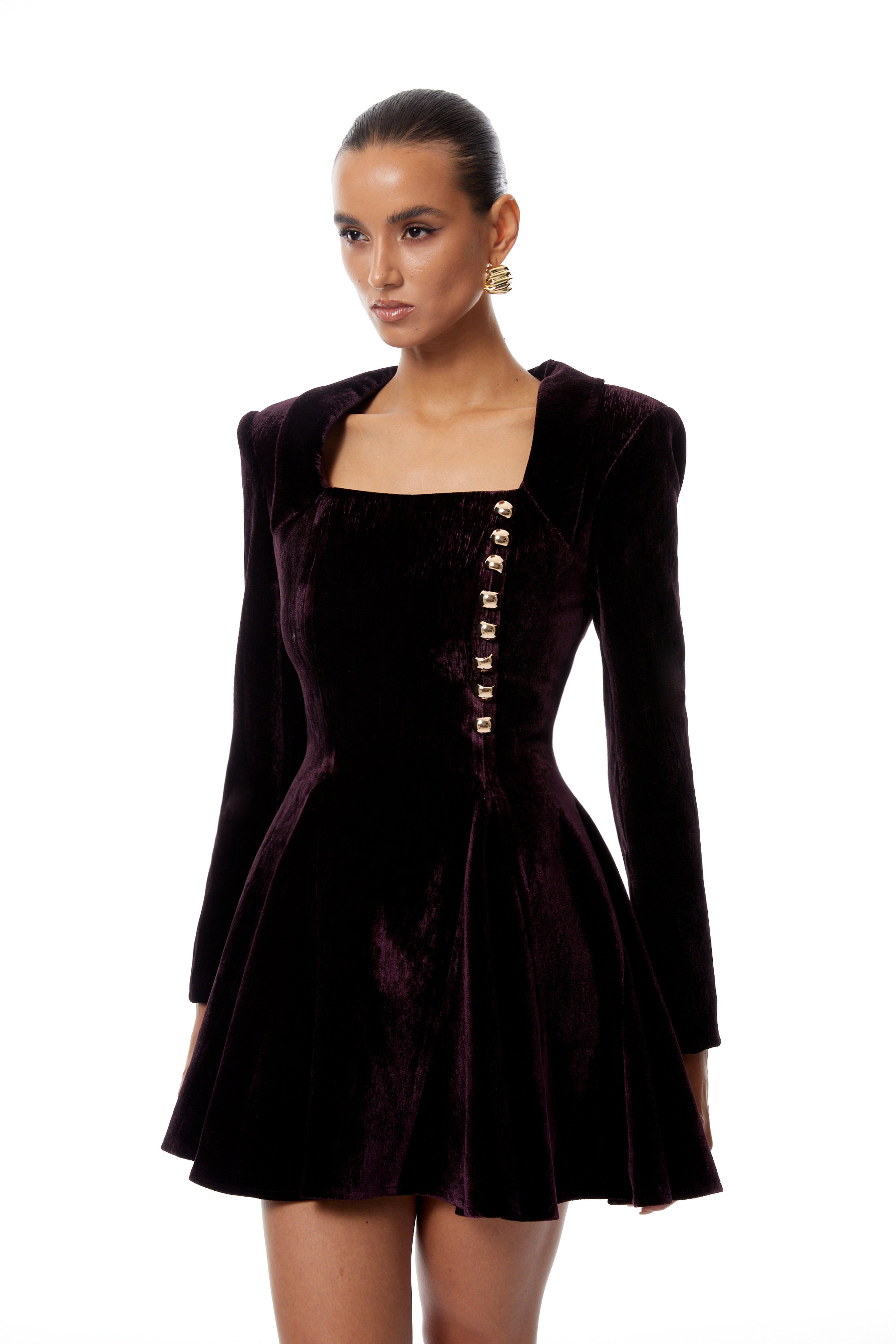 Benedetta Aubergine Square Neck Velvet Mini Dress