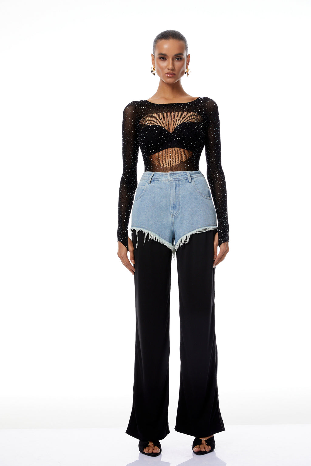 Jovie Black Rhinestone Pointelle Knit Bodysuit