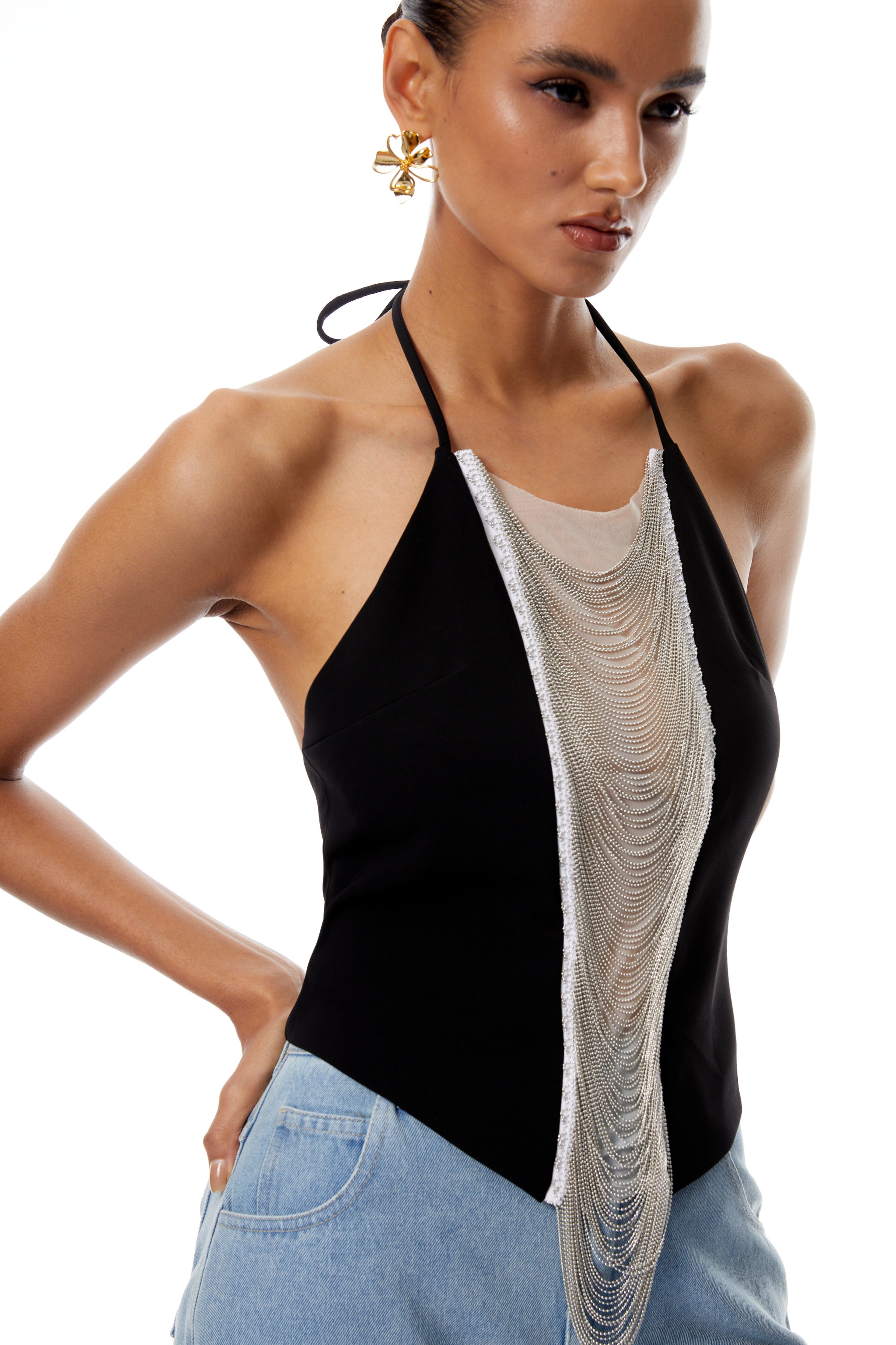 Carla Black Halterneck Fringed Crop Top