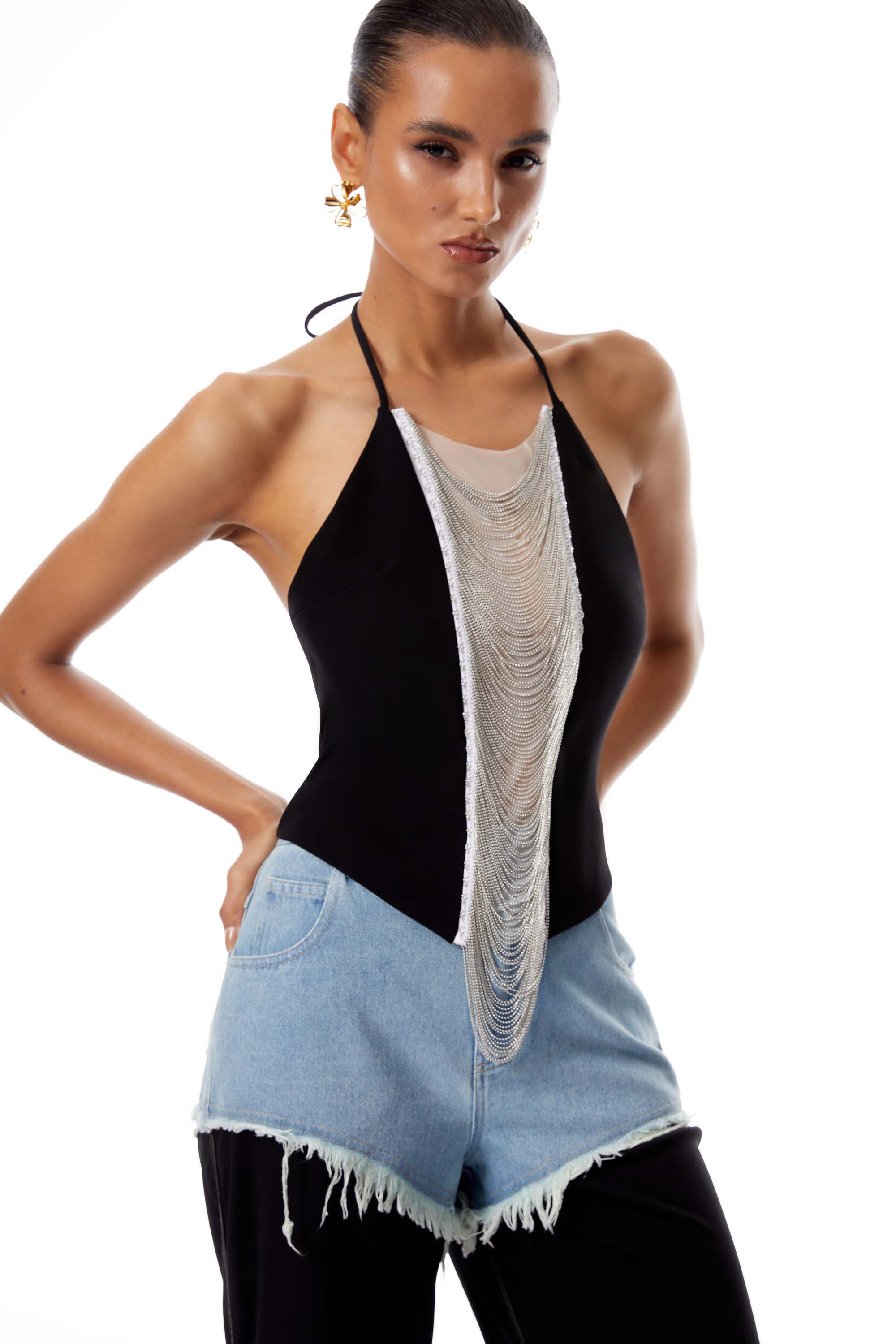 Carla Black Halterneck Fringed Crop Top
