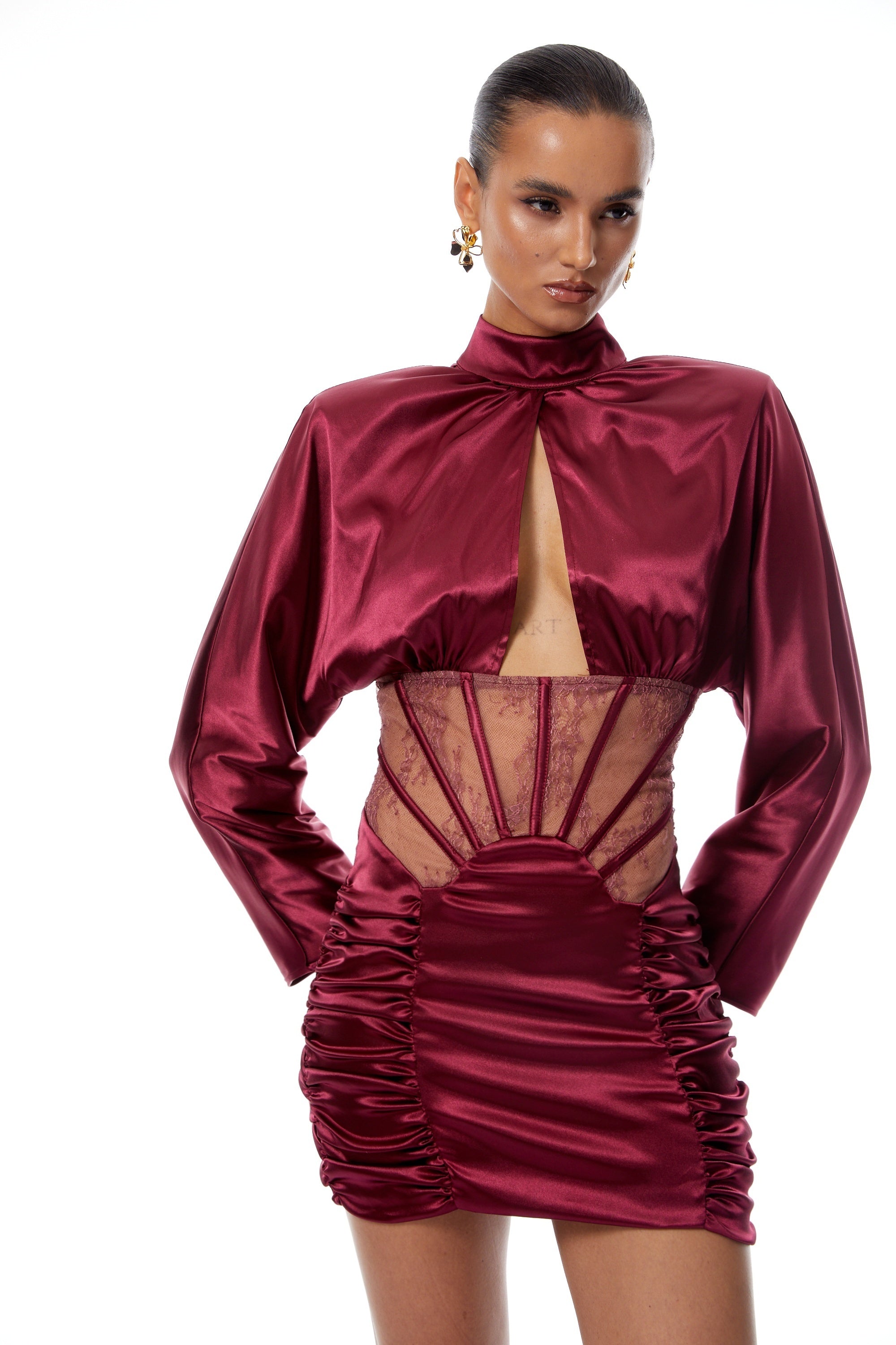 Imelda Red Lace Tulle Panel Satin Mini Dress
