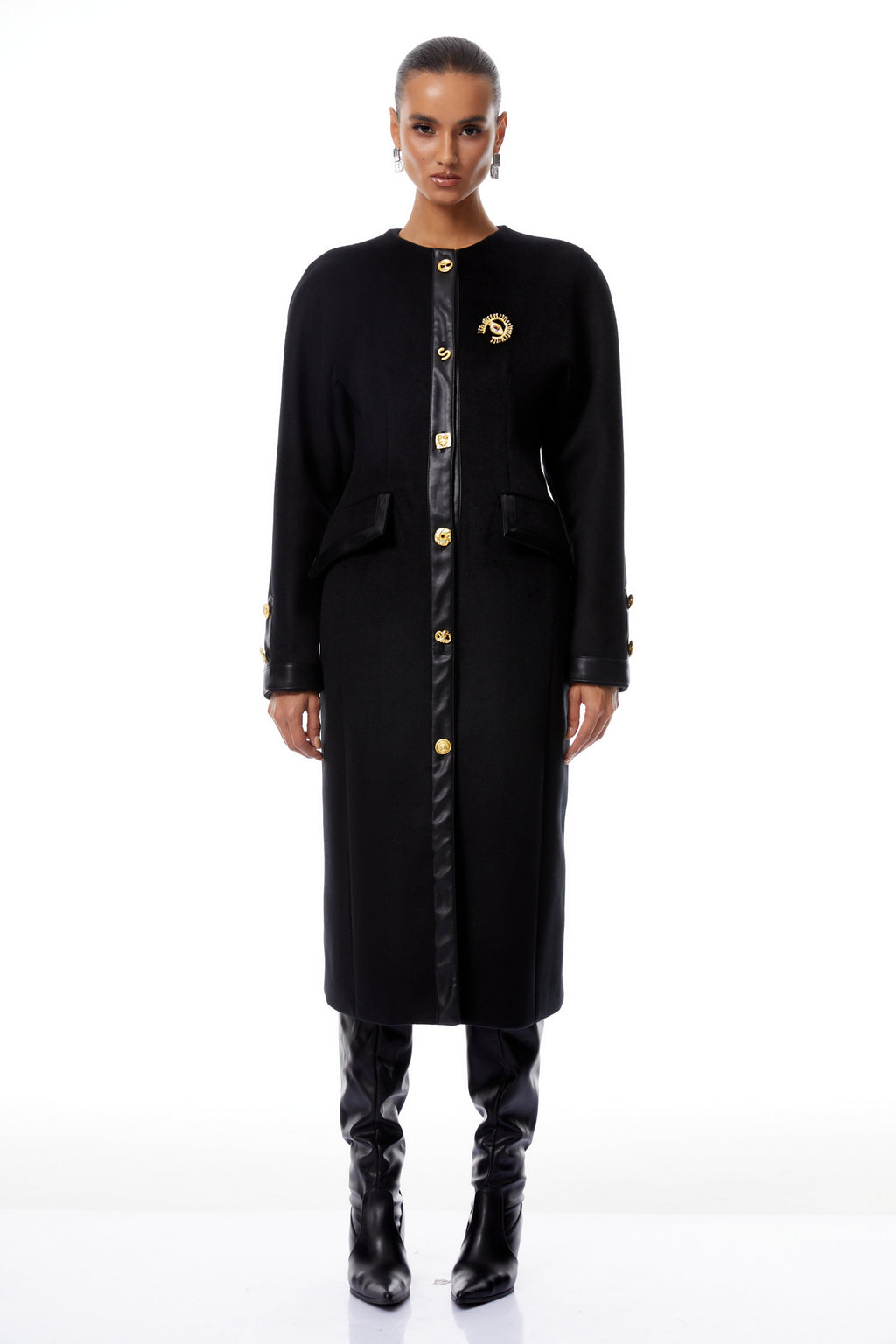 Stefania Black Decorative Button Tweed Overcoat