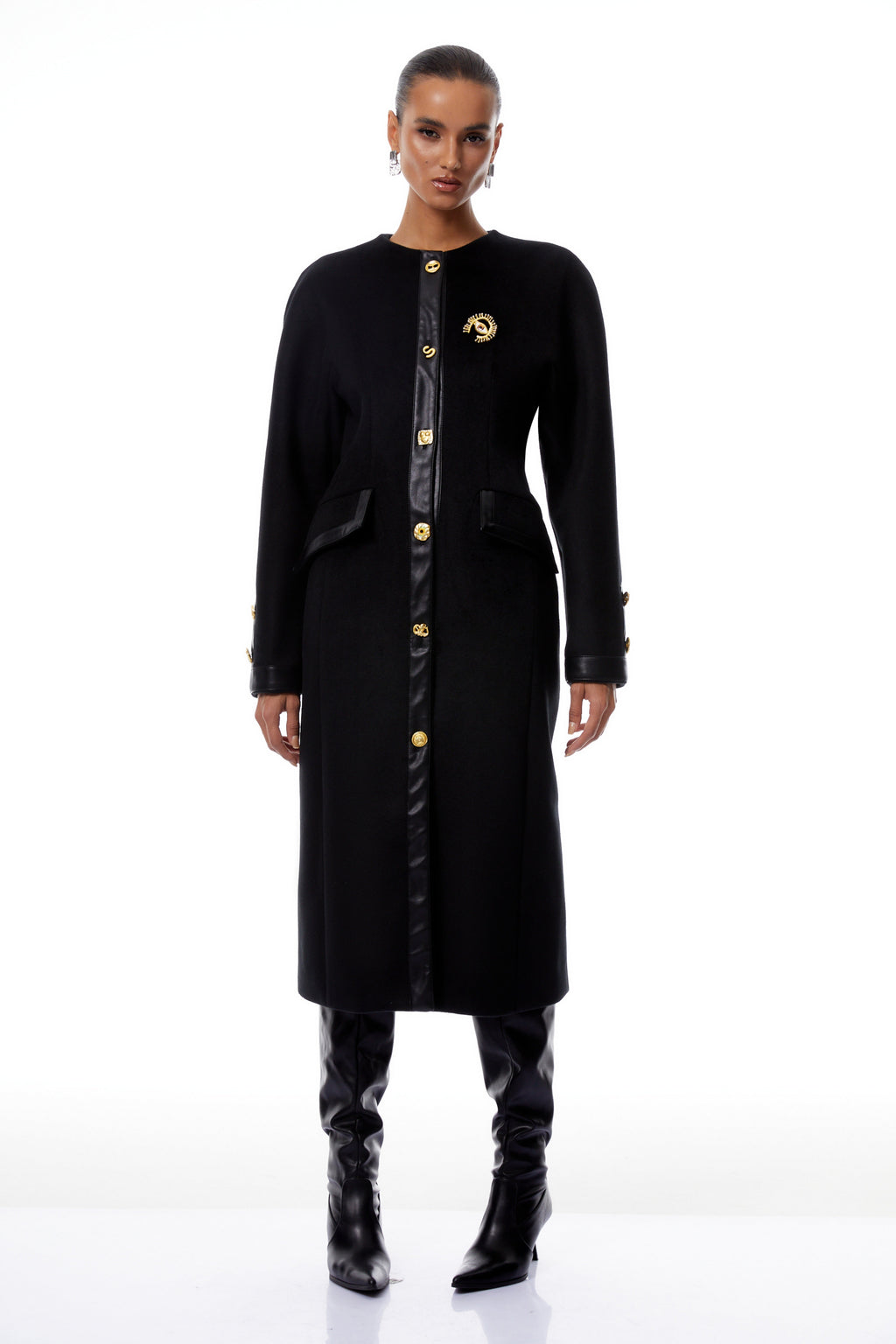 Stefania Black Decorative Button Tweed Overcoat
