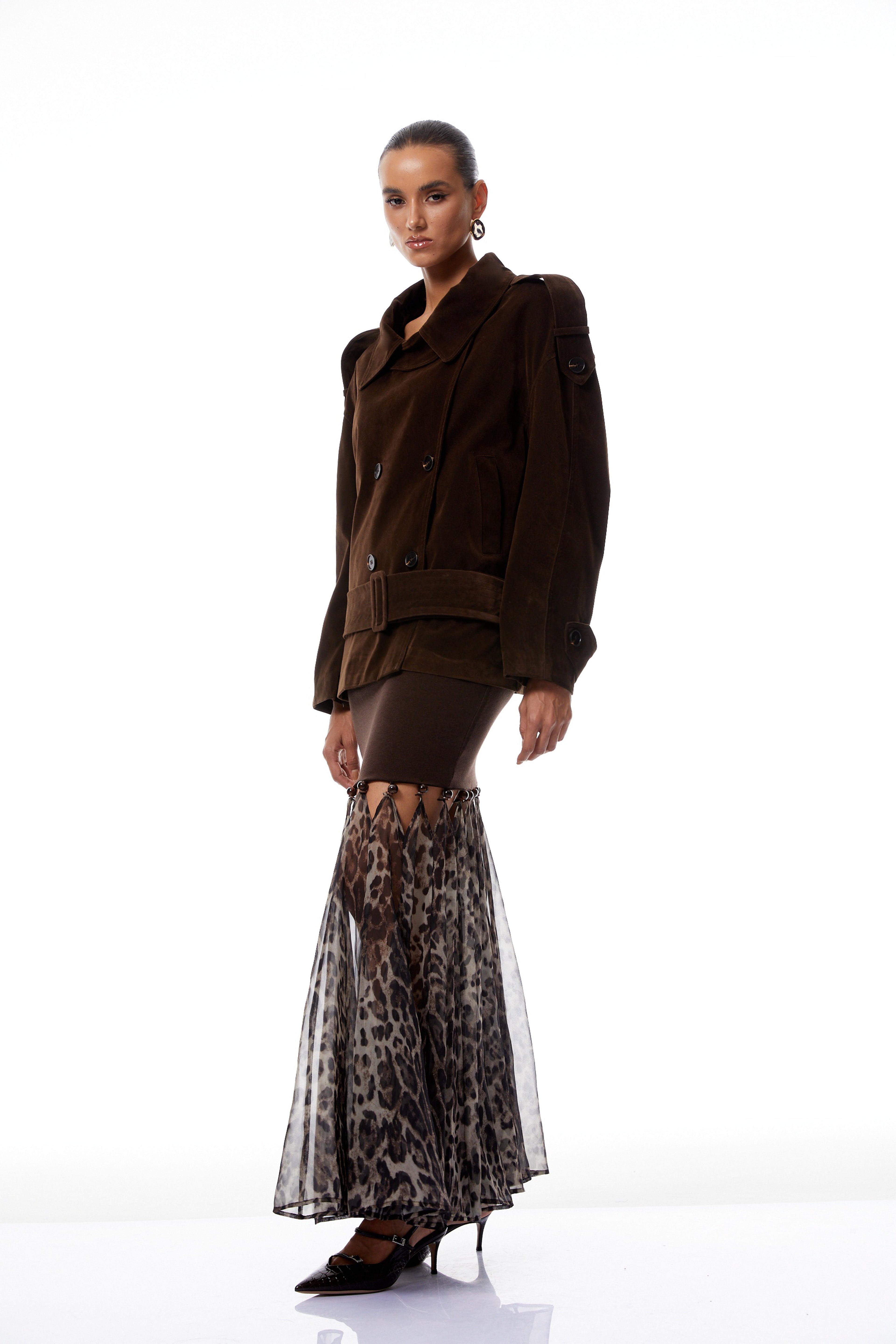 Francesca Brown Double-Breasted Suede Trench Coat