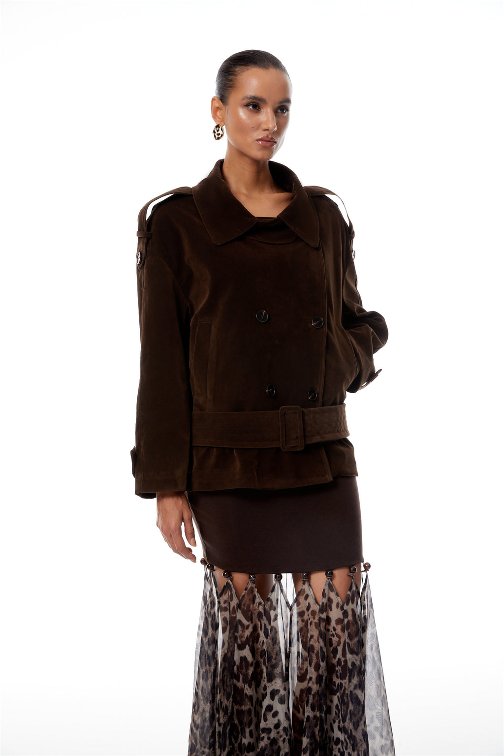 Francesca Brown Double-Breasted Suede Trench Coat