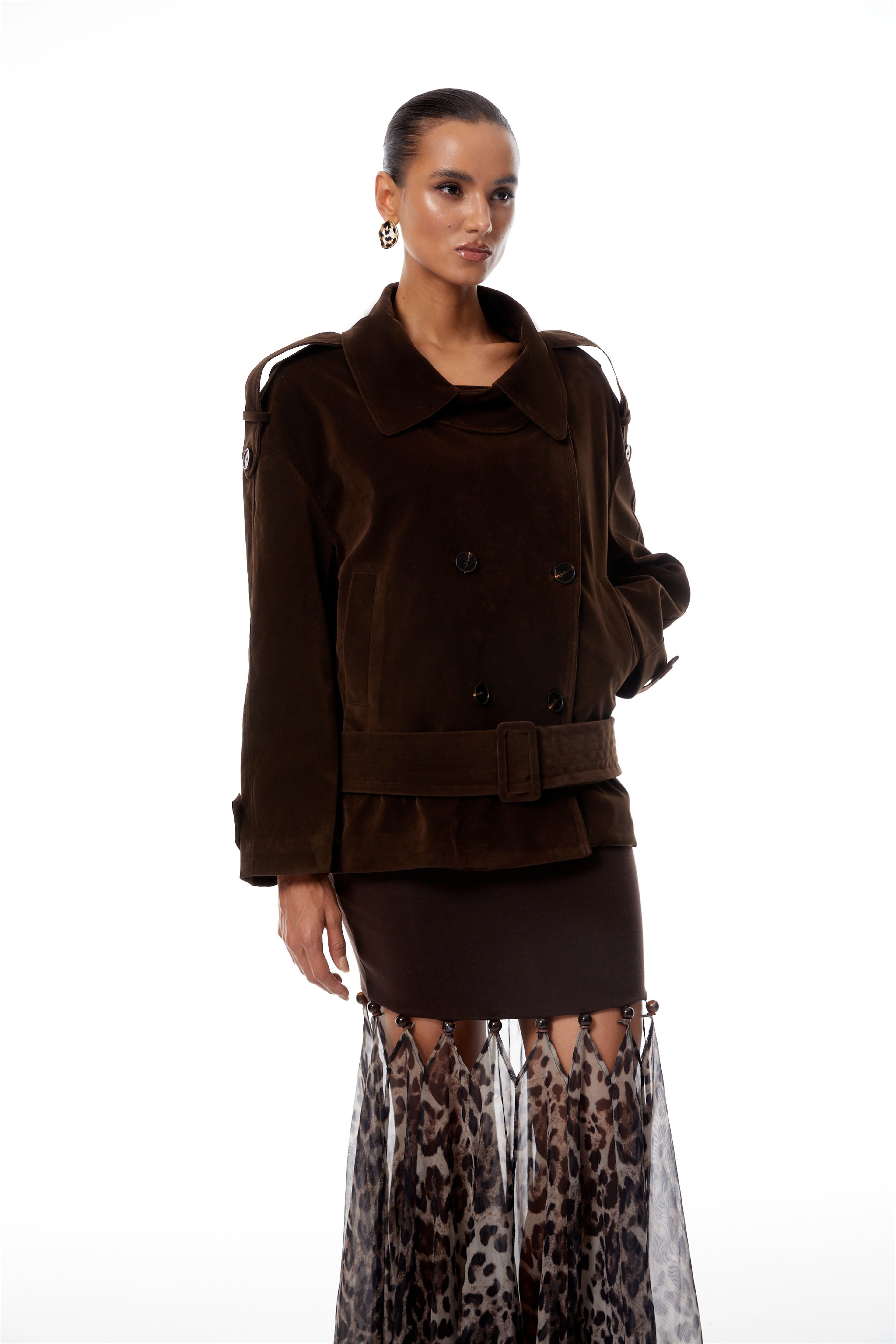 Francesca Brown Double-Breasted Suede Trench Coat