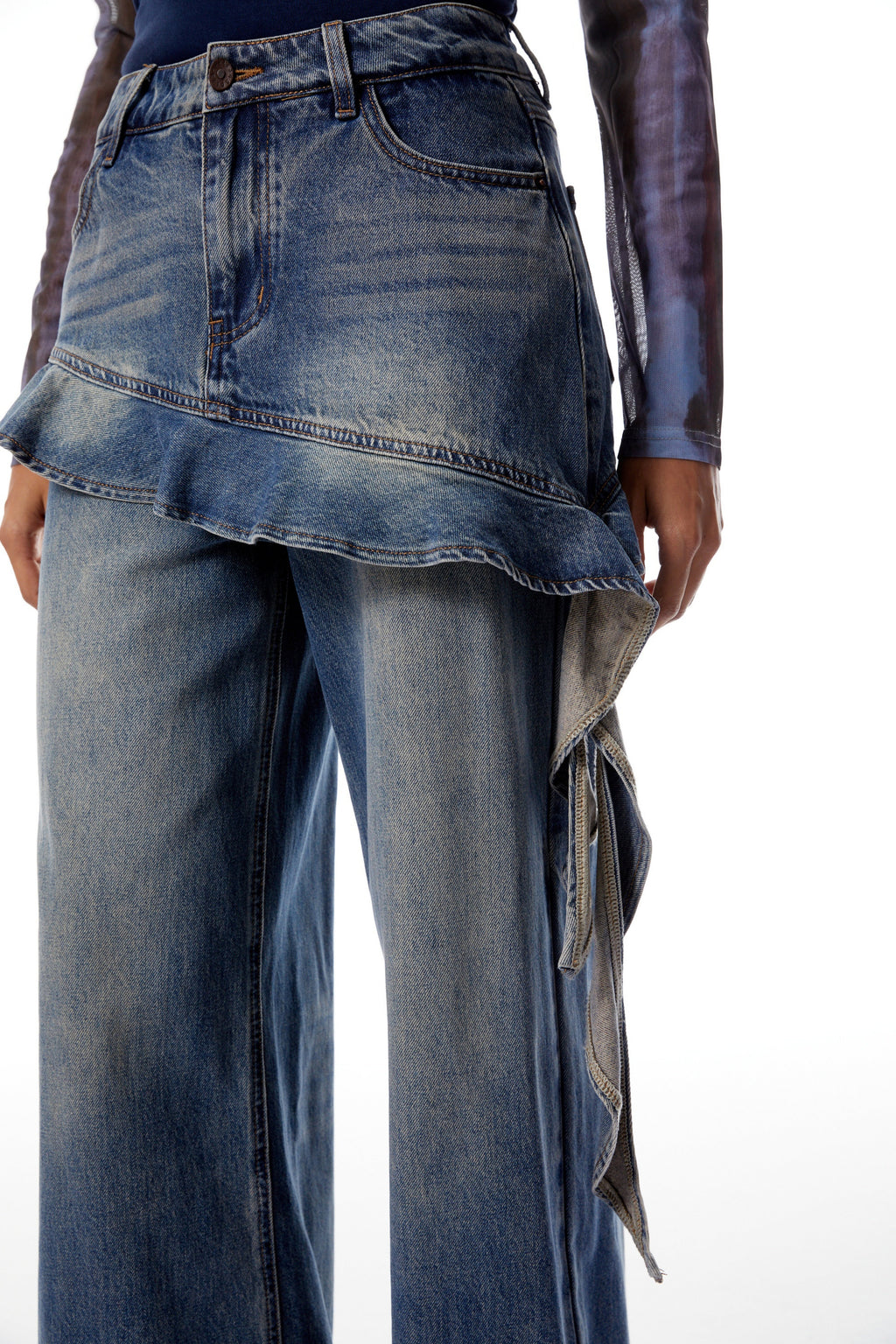 Zsófia Blue Ruffled Ribbon Detail Denim Jeans