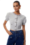 Camille Grey Embellished Ribbed Knit Crop Top