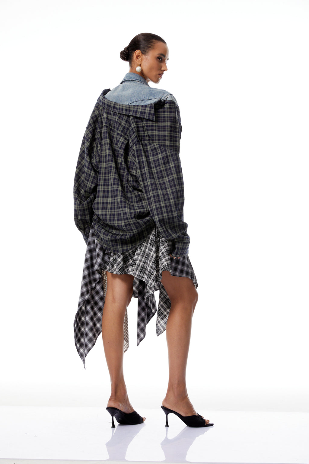 Marina Blue Deconstructed Denim Shirt with Plaid Panels