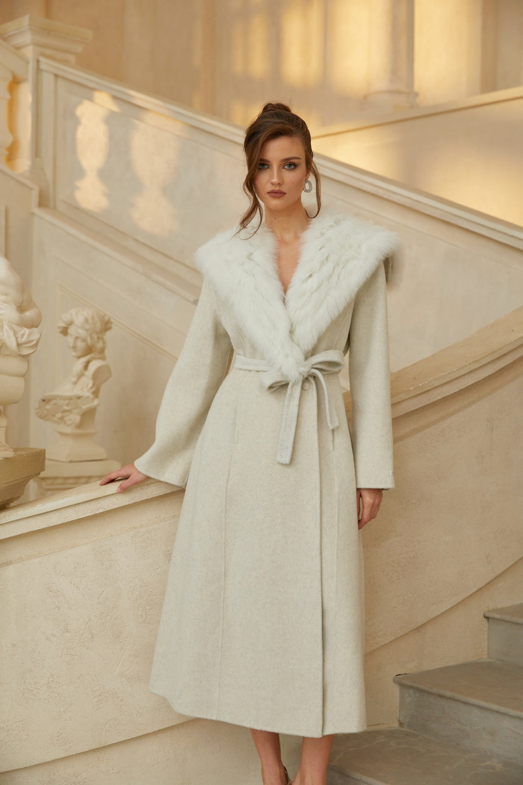Lavinia Off White Fur Lapel Long Wool Coat