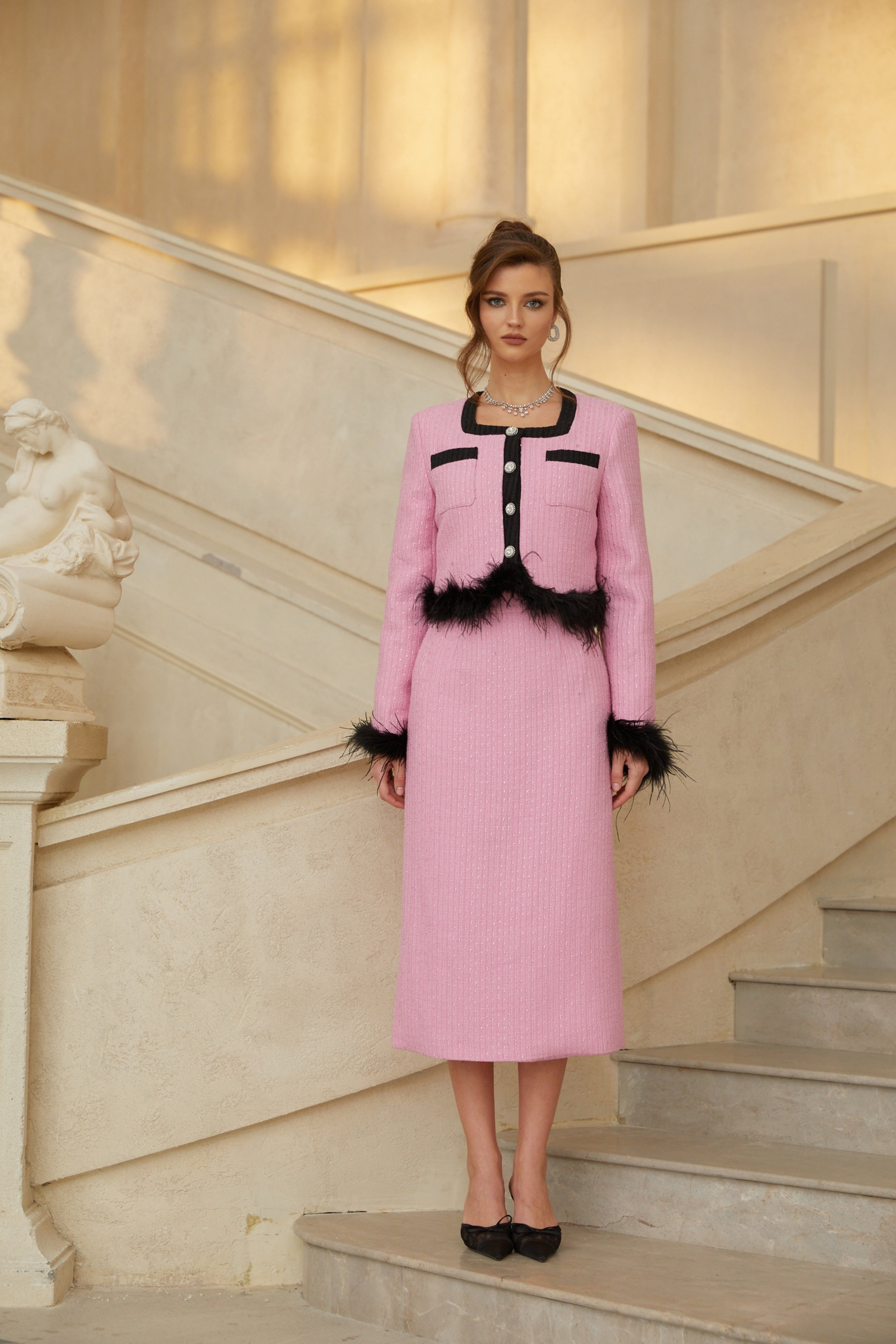 Dixie Pink Feather Trim Tweed Jacket & Skirt Set