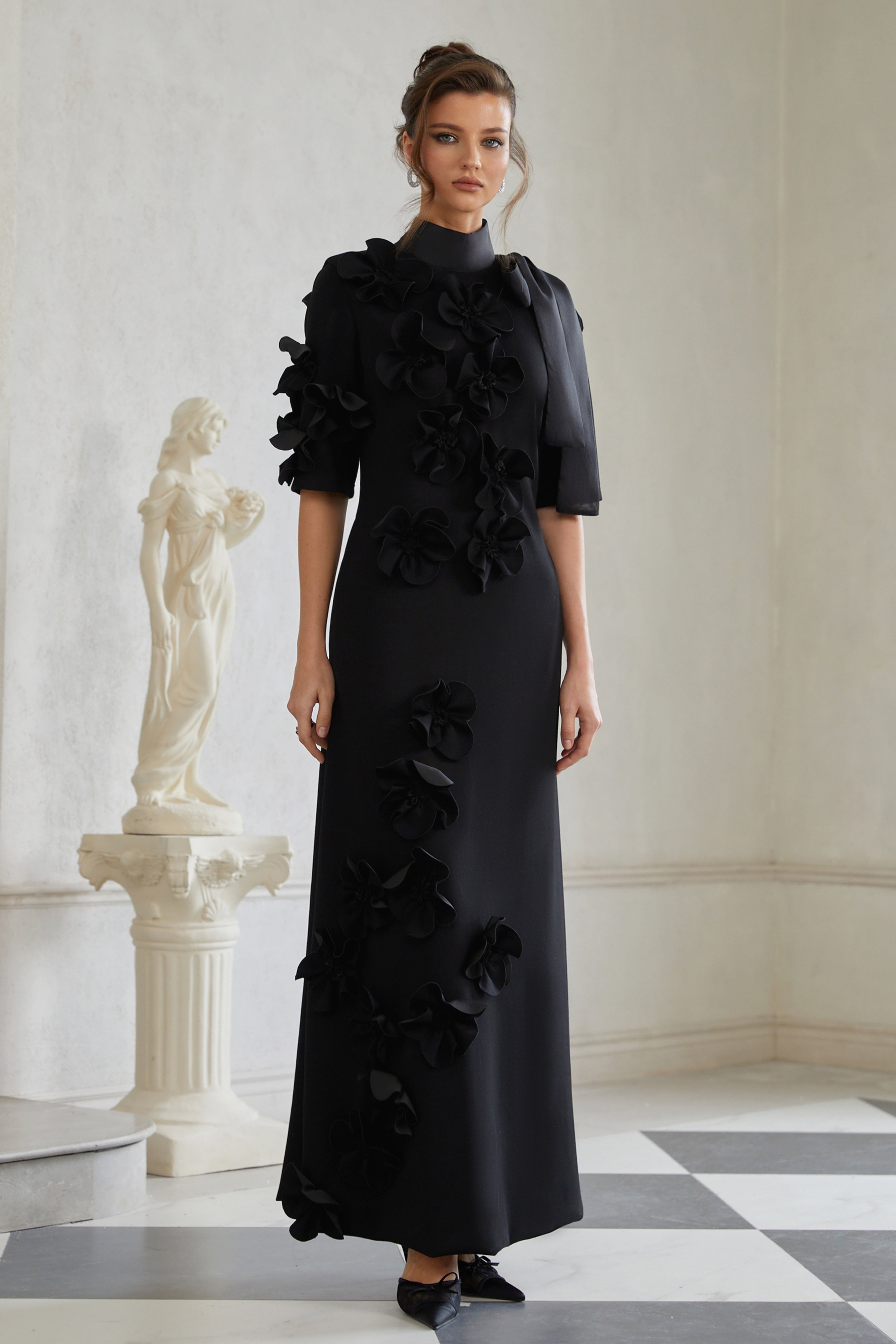 Isidora Black Bowknot Floral Appliqué Maxi Dress