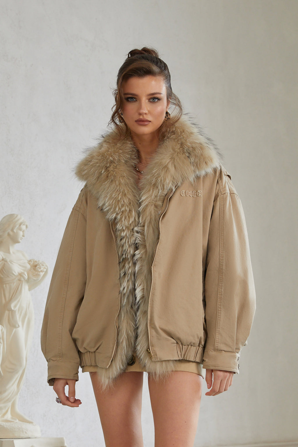 Rosanna Khaki Fur Panel Bomber Puffer Jacket