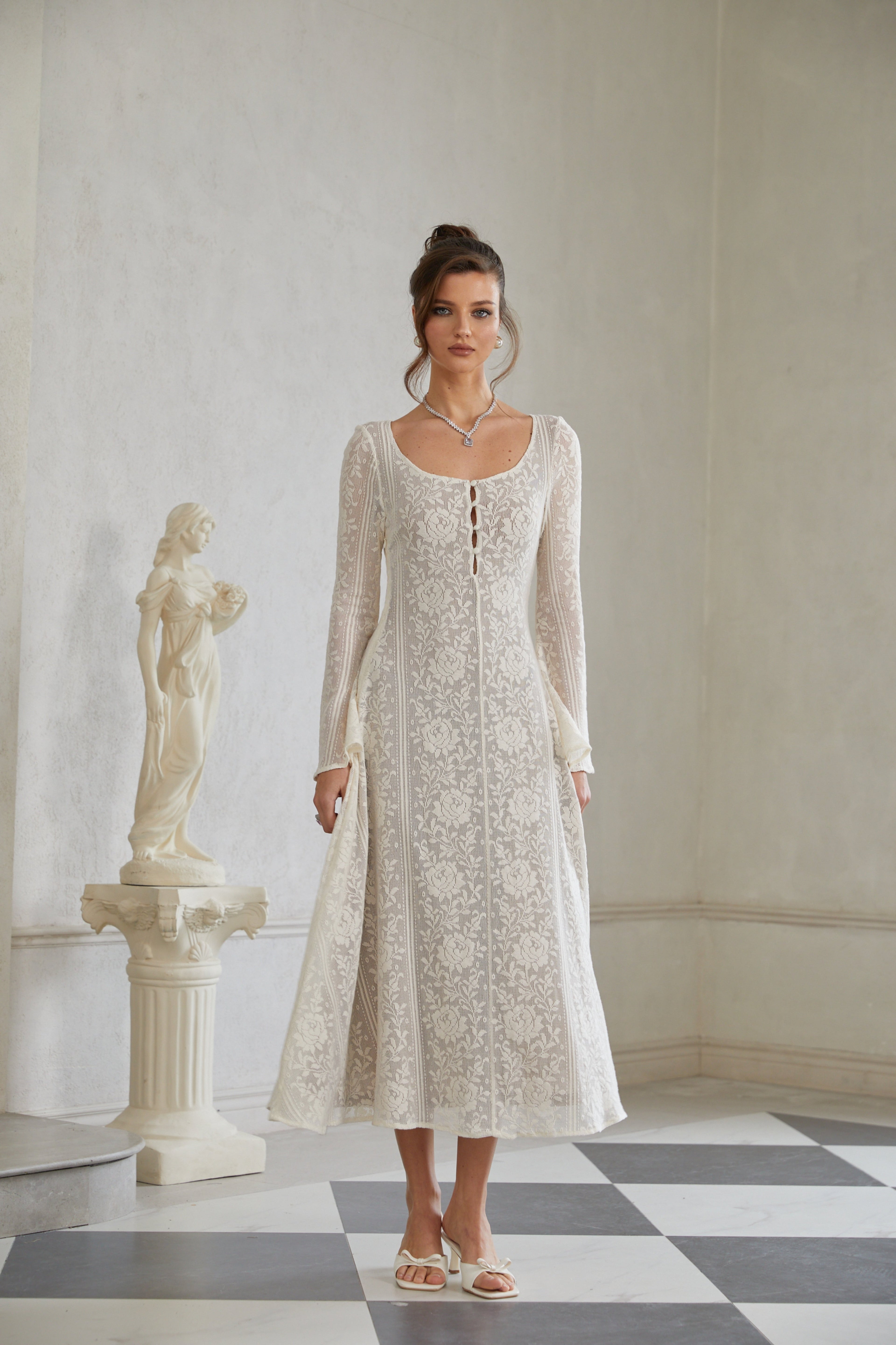 Céline White Flared Crochet Knit Midi Dress
