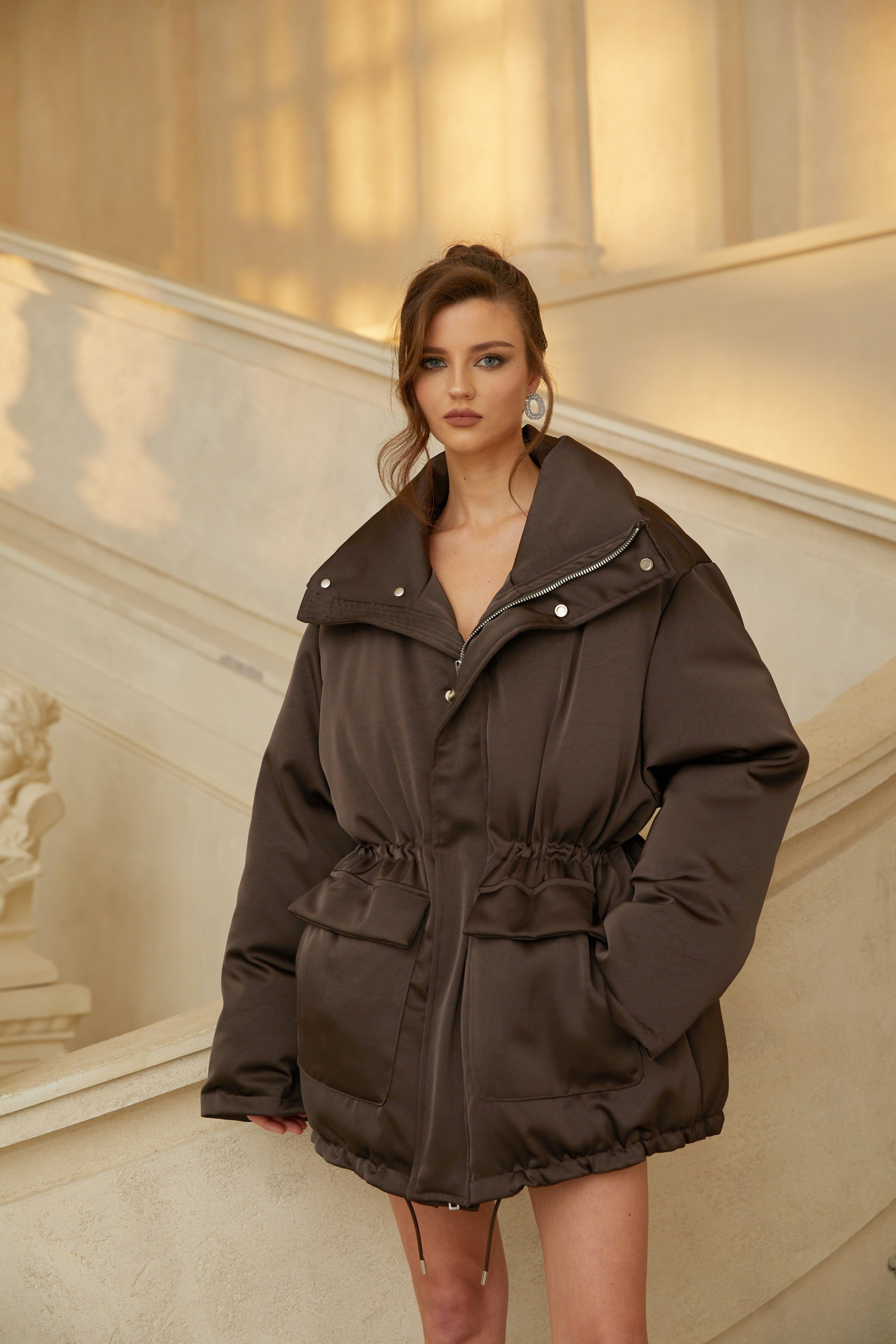 Freya Brown Cinched Waist Puffer Jacket