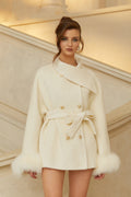 Letizia White Fur Trim Double-Breasted Wool Coat