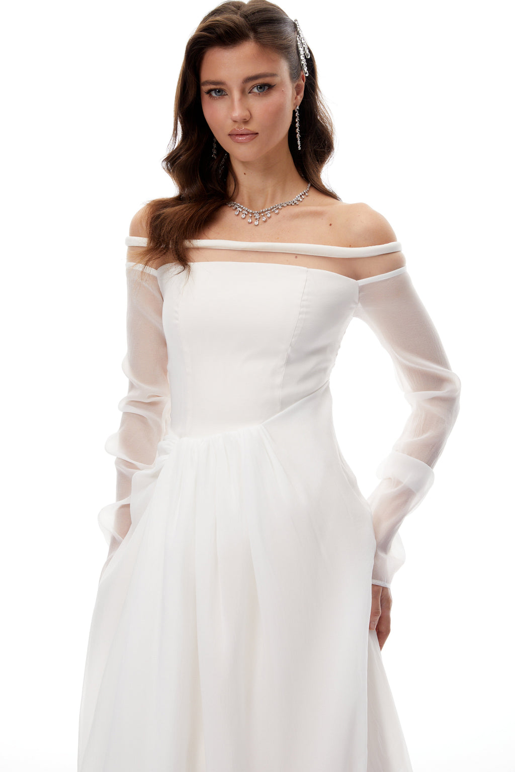 Gelsomina White Gathered Crepe Midi Dress