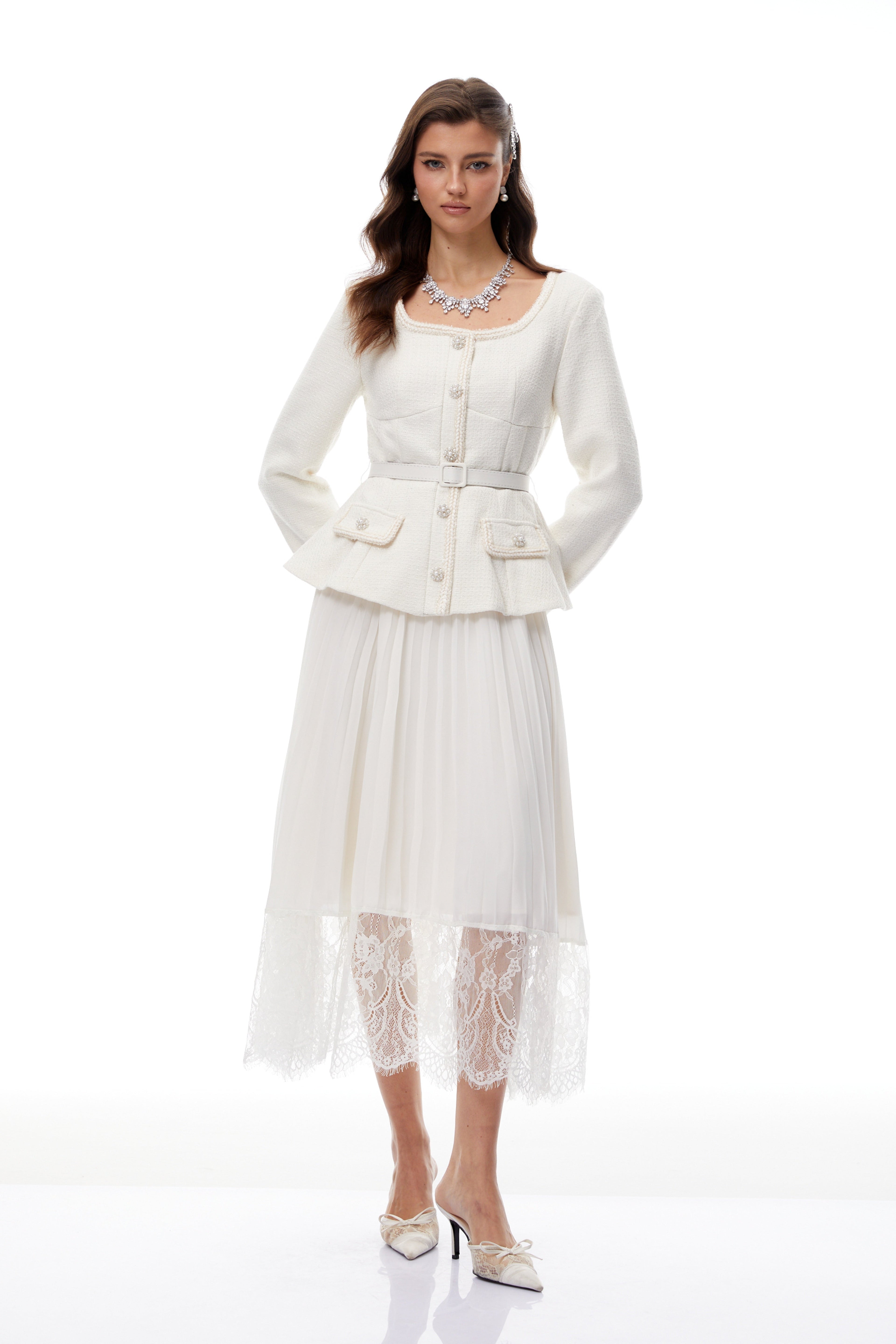 Iver White Lace Panel Tweed Midi Dress