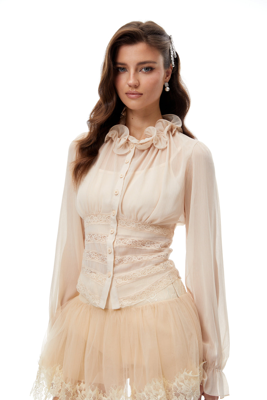 Erin Neutral Lace Panel Blouse & Skirt Set