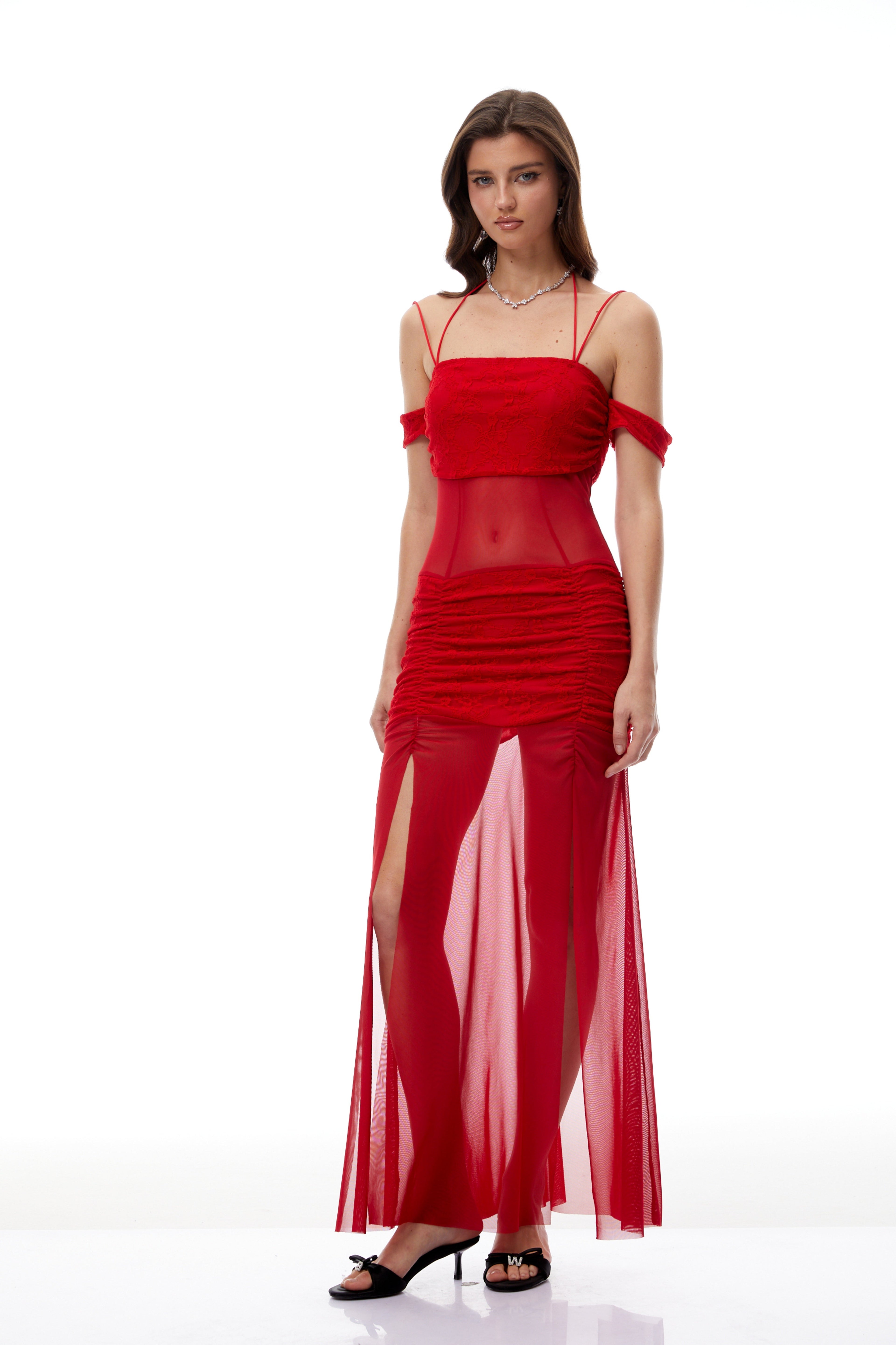 Tiril Red Ruched Lace Panel Meah Midi Dress
