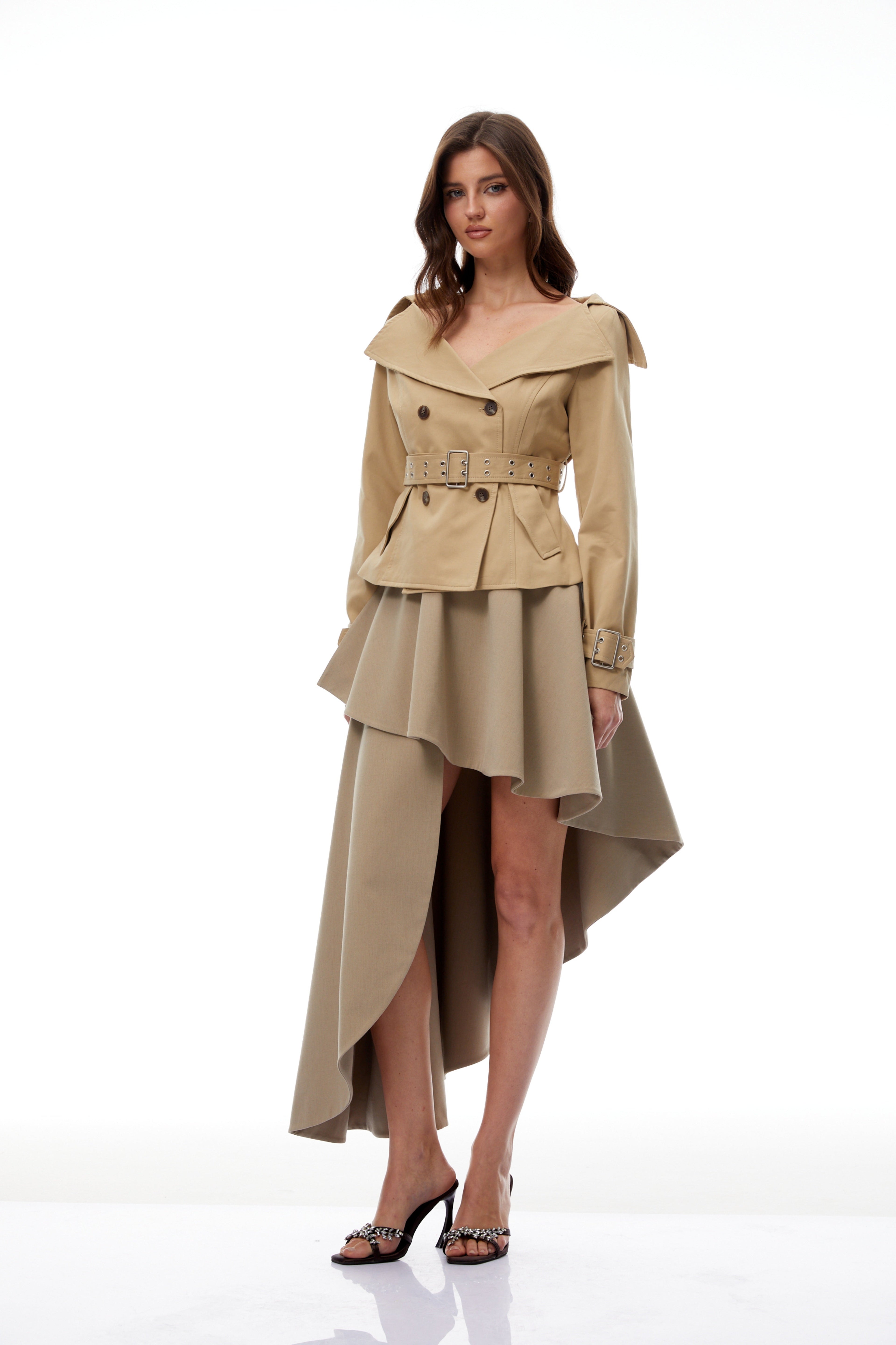Kayla Khaki Double-Breasted Short Trench Coat