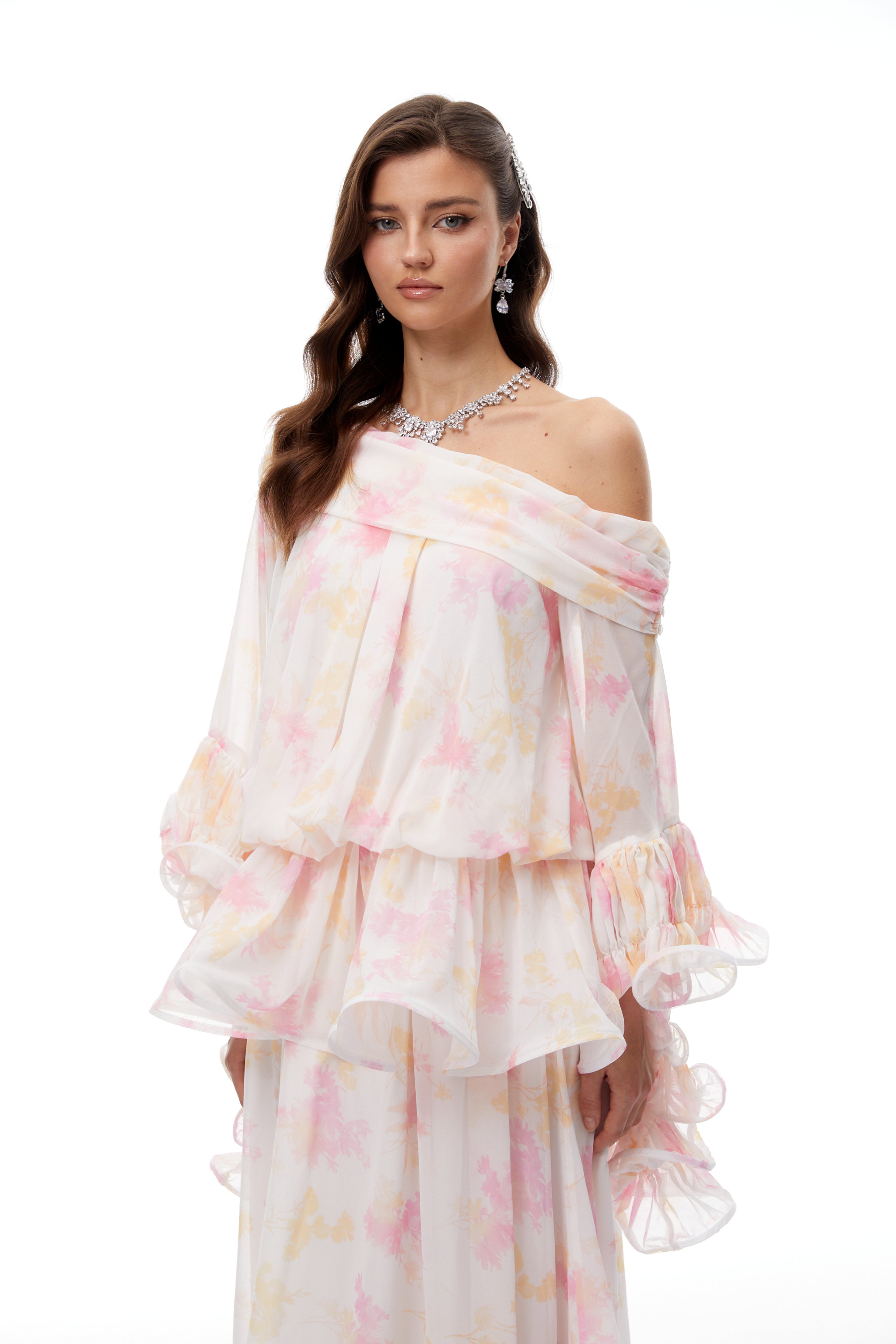 Rolf White Floral Print Ruffled Maxi Dress