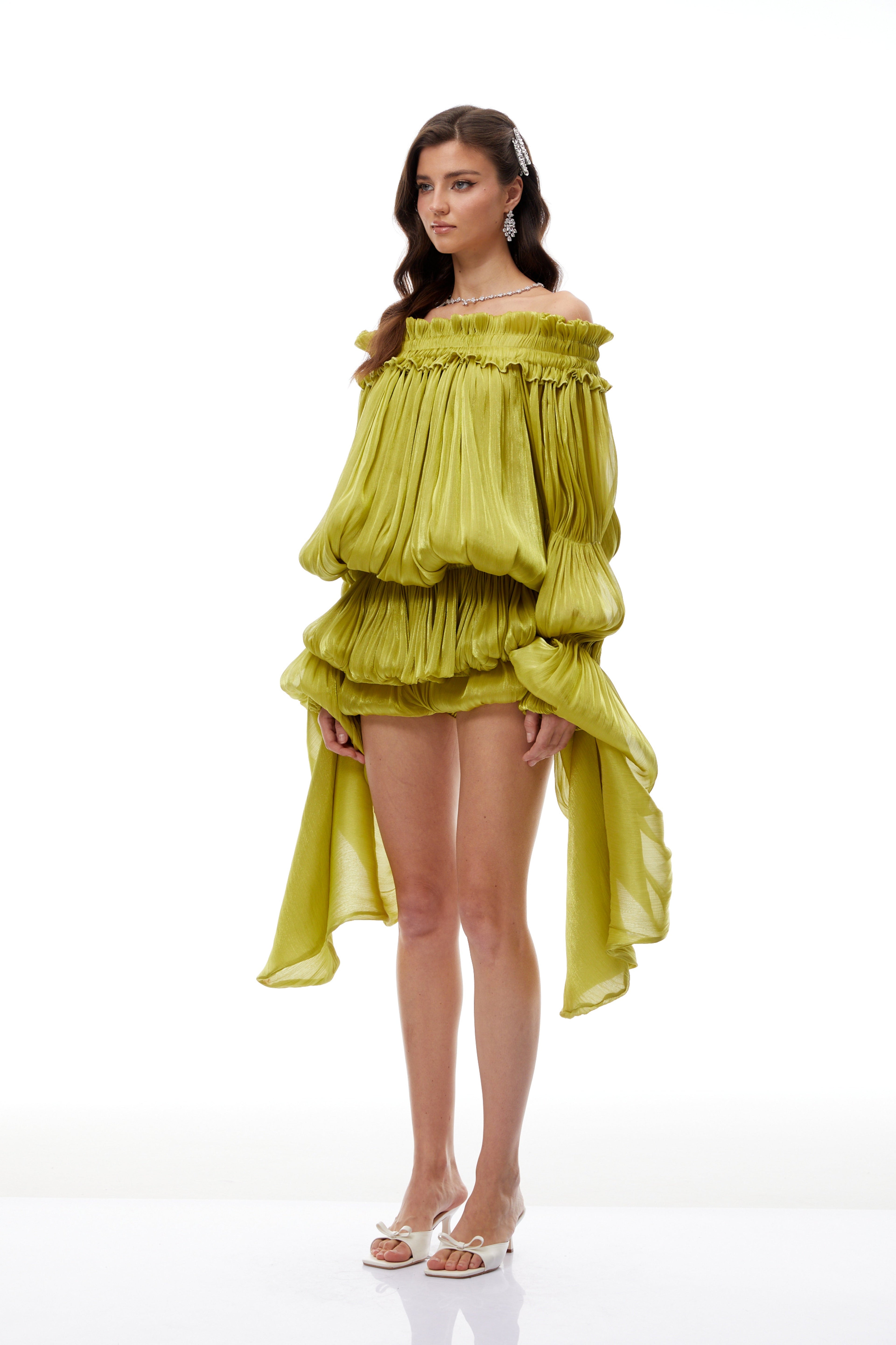 Marcia Green Off Shoulder Shirred Glossy Mini Dress