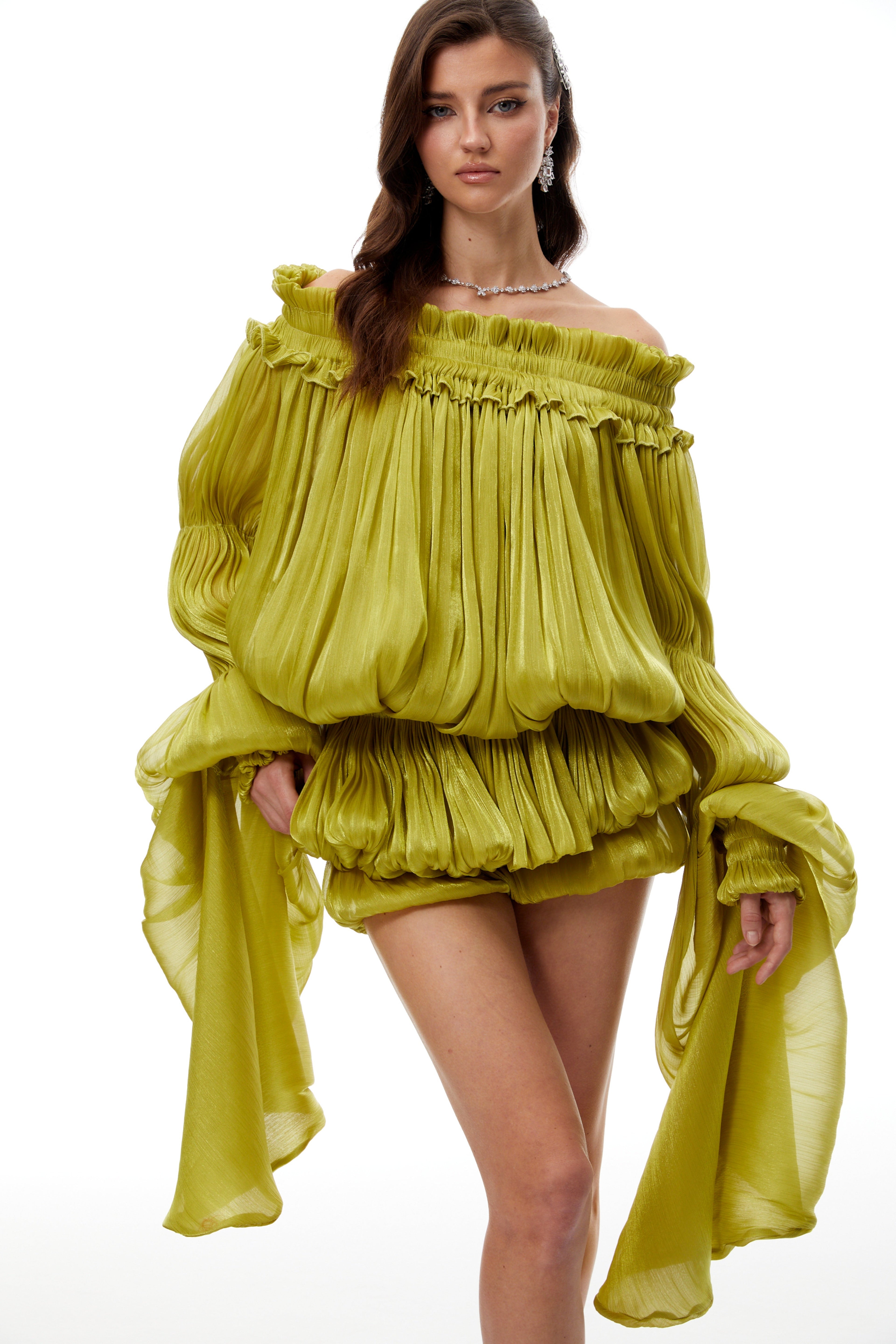 Marcia Green Off Shoulder Shirred Glossy Mini Dress