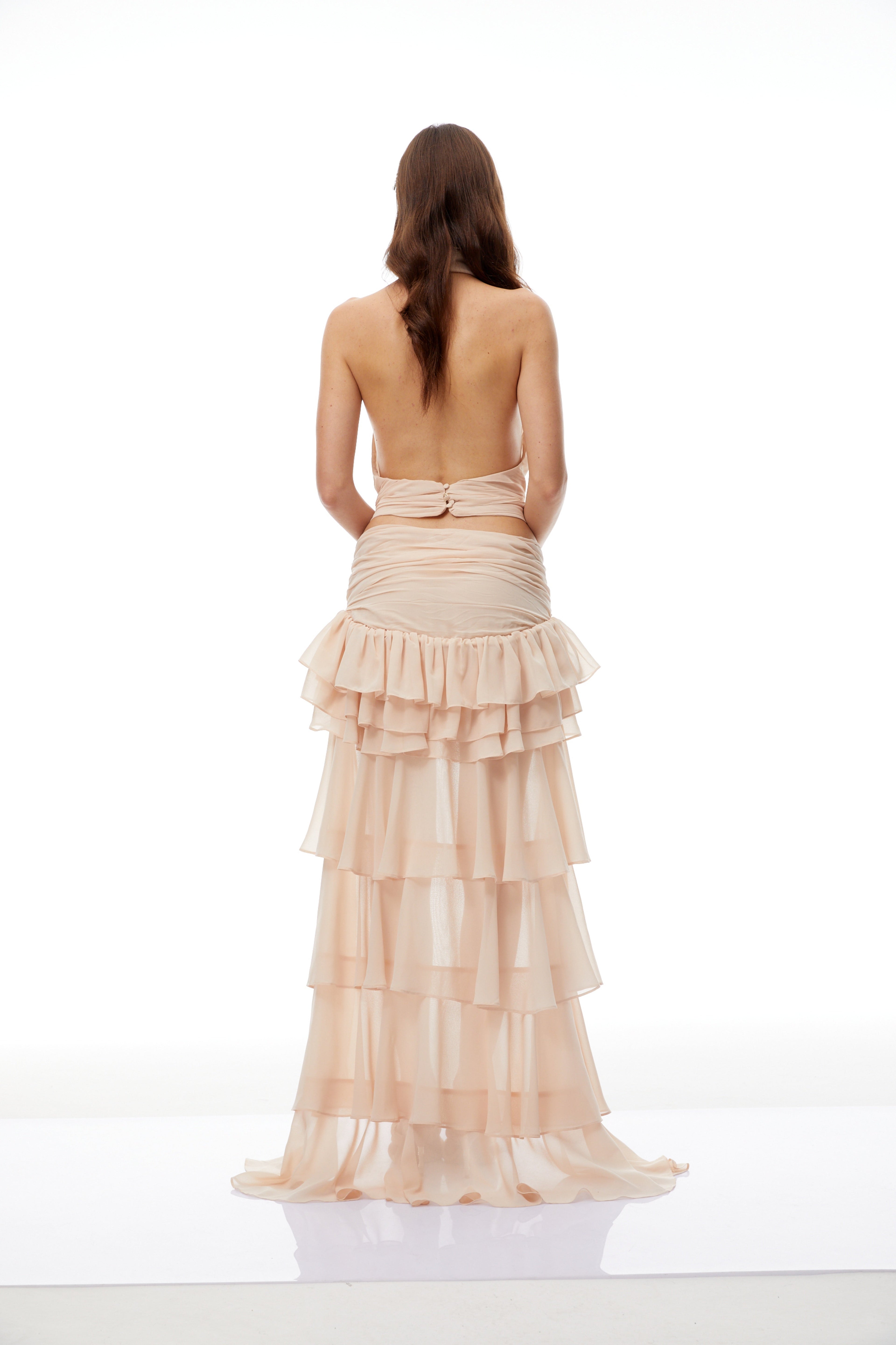 Raelynn Neutral Ruched Chiffon Top & Skirt Set
