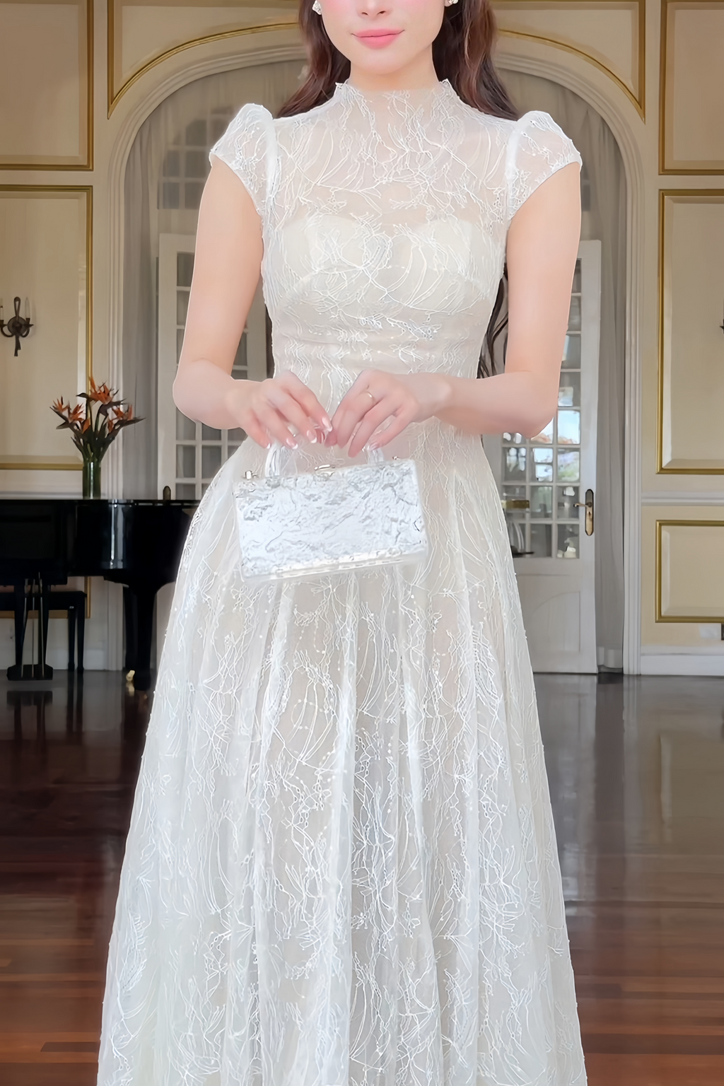 Velia White Lace Glitter Tulle Maxi Gown