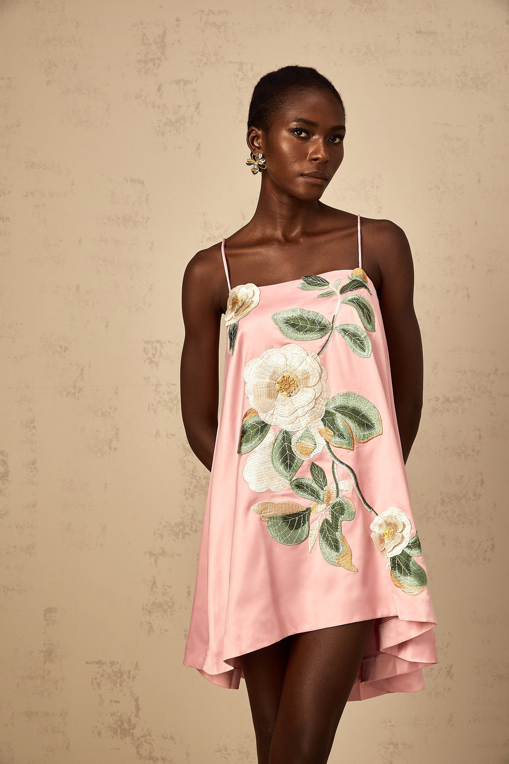 Avril Pink Floral Embroidered Satin Mini Dress