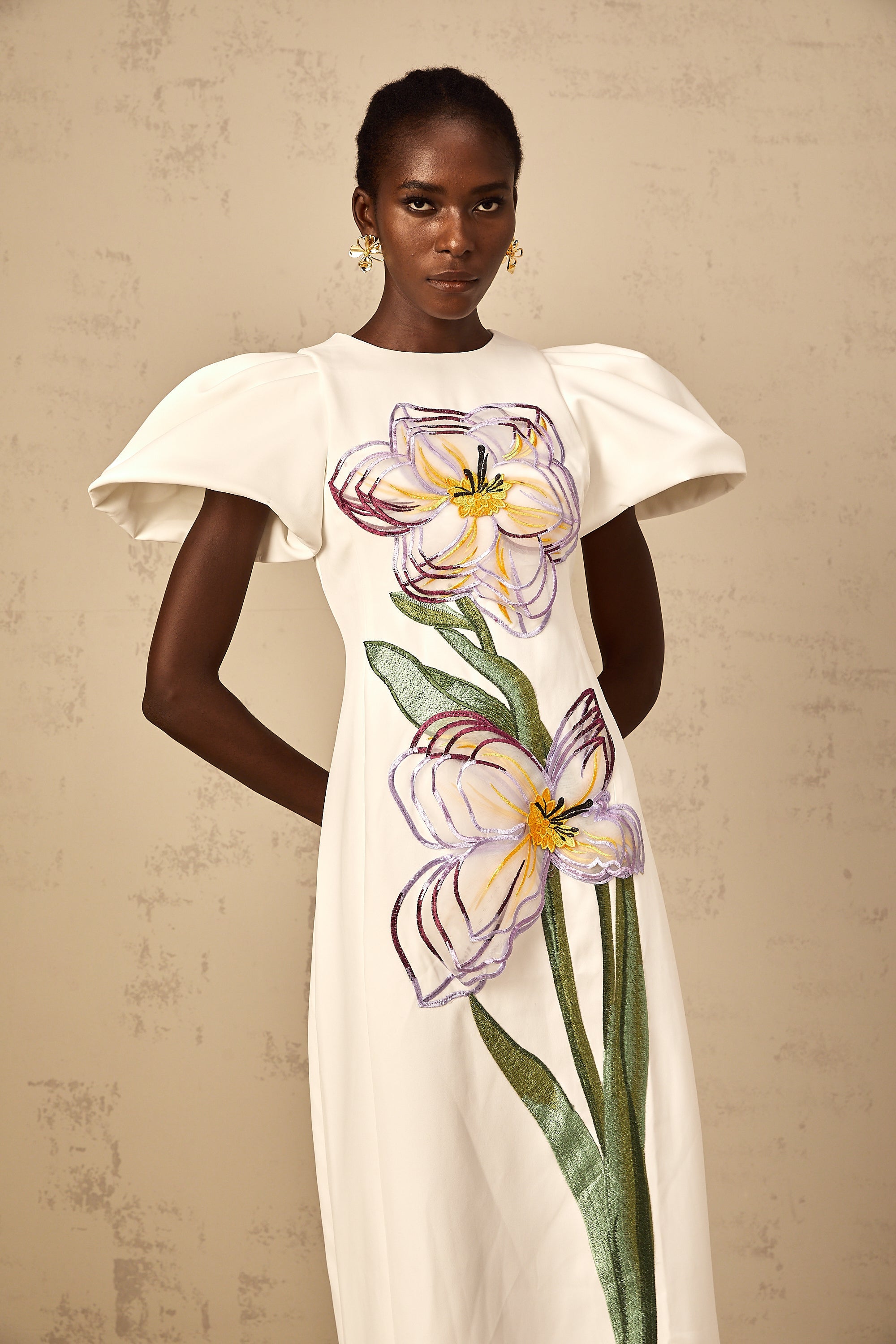 Irène White Sequin Floral Embroidered Midi Dress