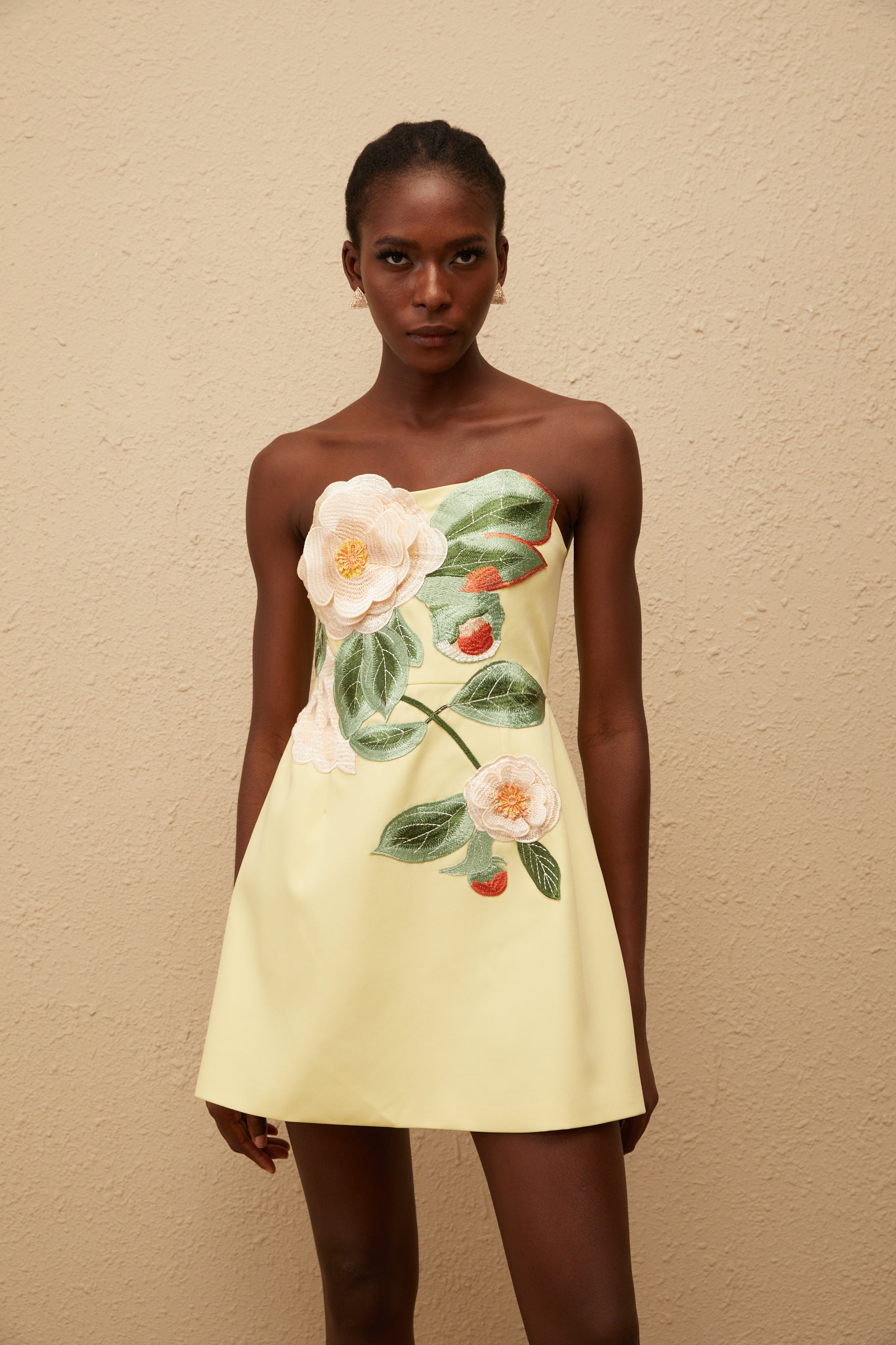 Abigail Yellow Floral Embroidered Mini Dress