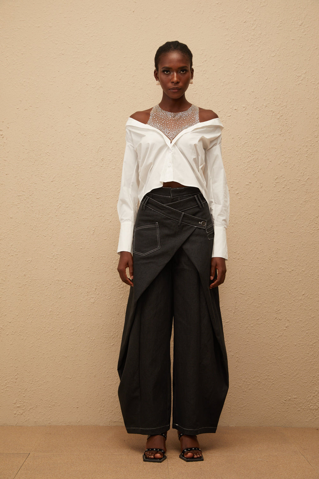 Fernande White Rhinestone Mesh Panel Shirt
