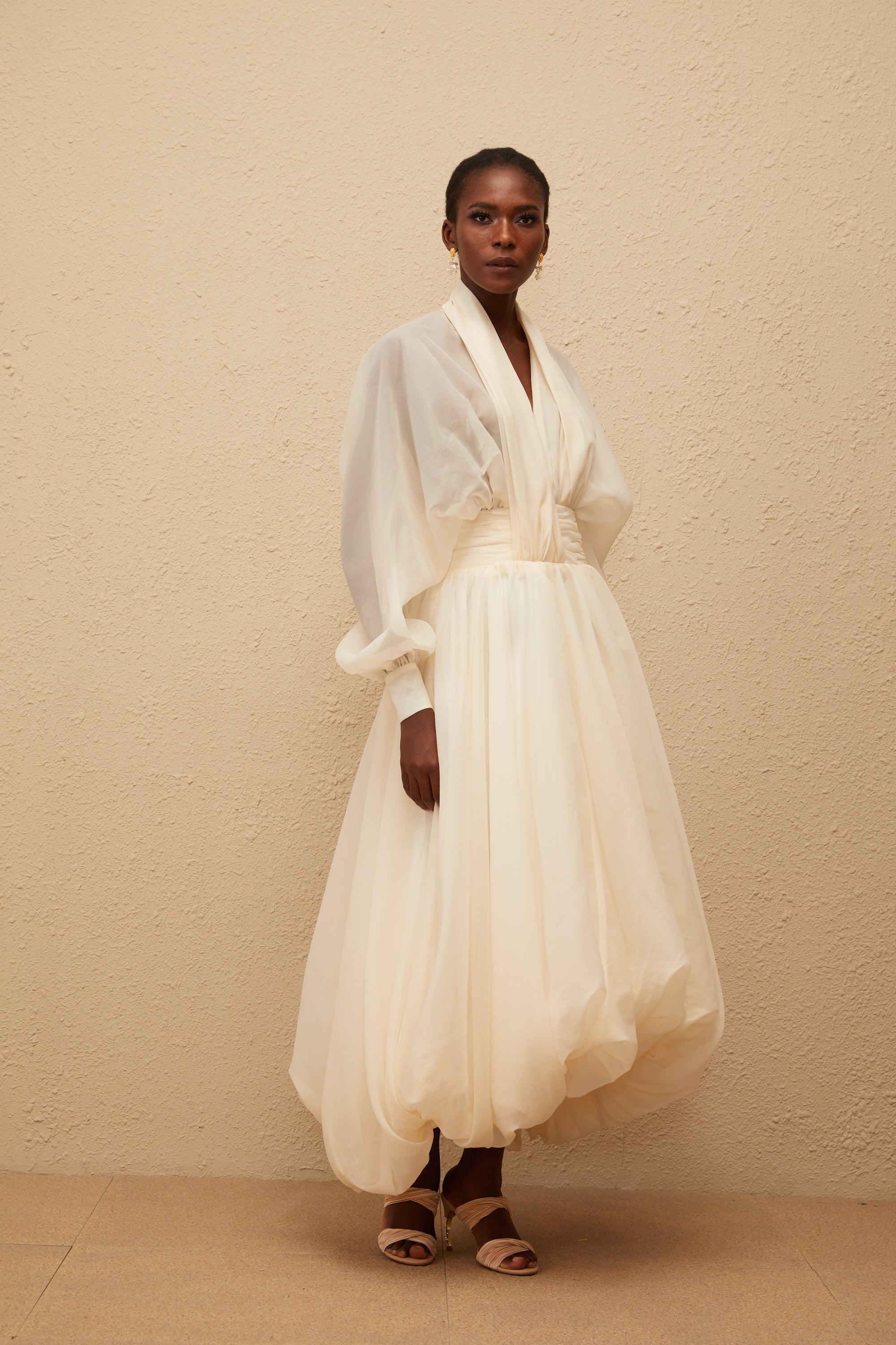 Riley Cream White Draped Tulle Maxi Dress