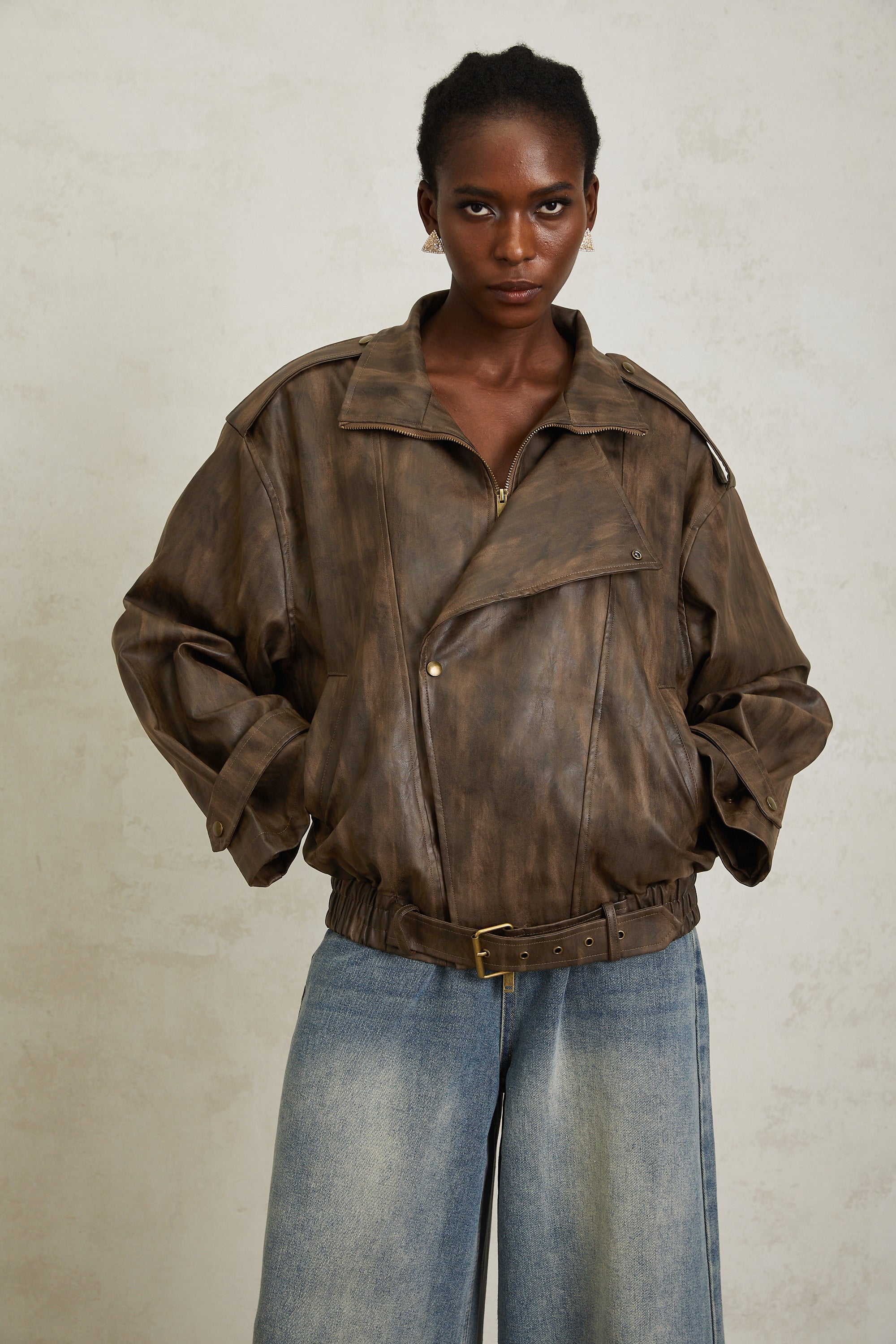 Manon Brown Tie-Dye Leather Biker Jacket