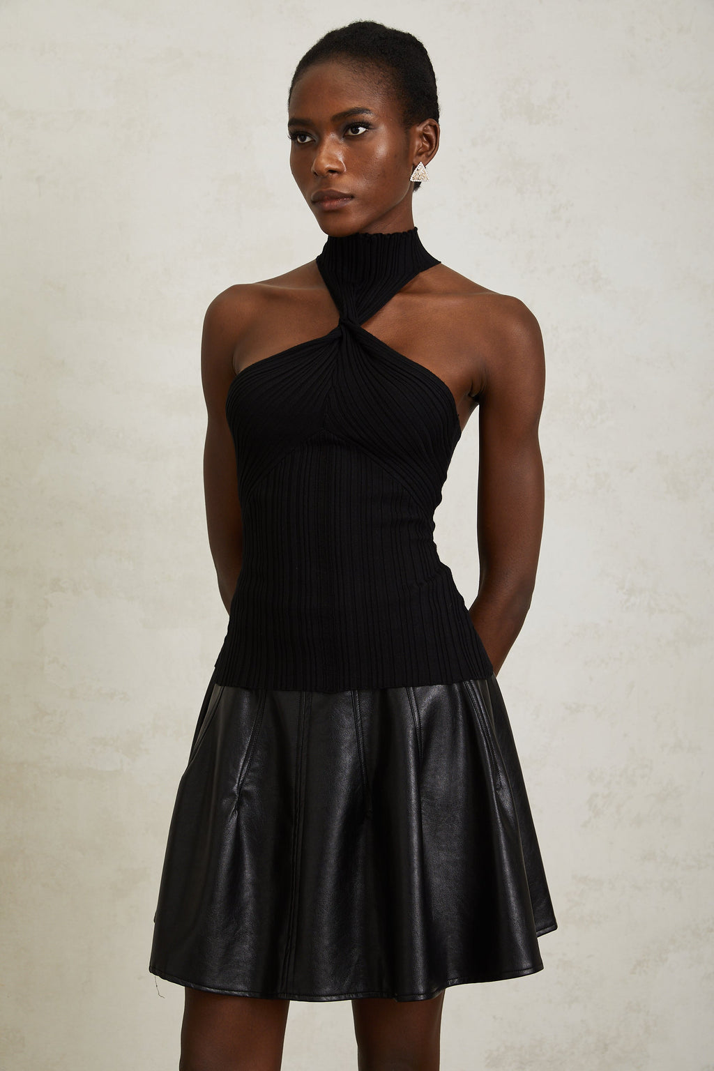 Gabrielle Black Halterneck Ribbed Knit Top
