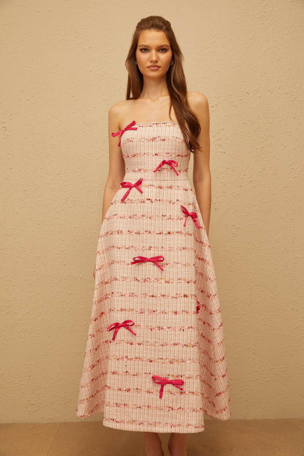 Fabienne Pink Bow Embellished Tweed Midi Dress