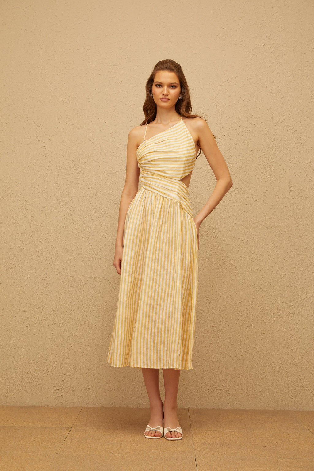 Fabienne Yellow Asymmetrical Striped Midi Dress