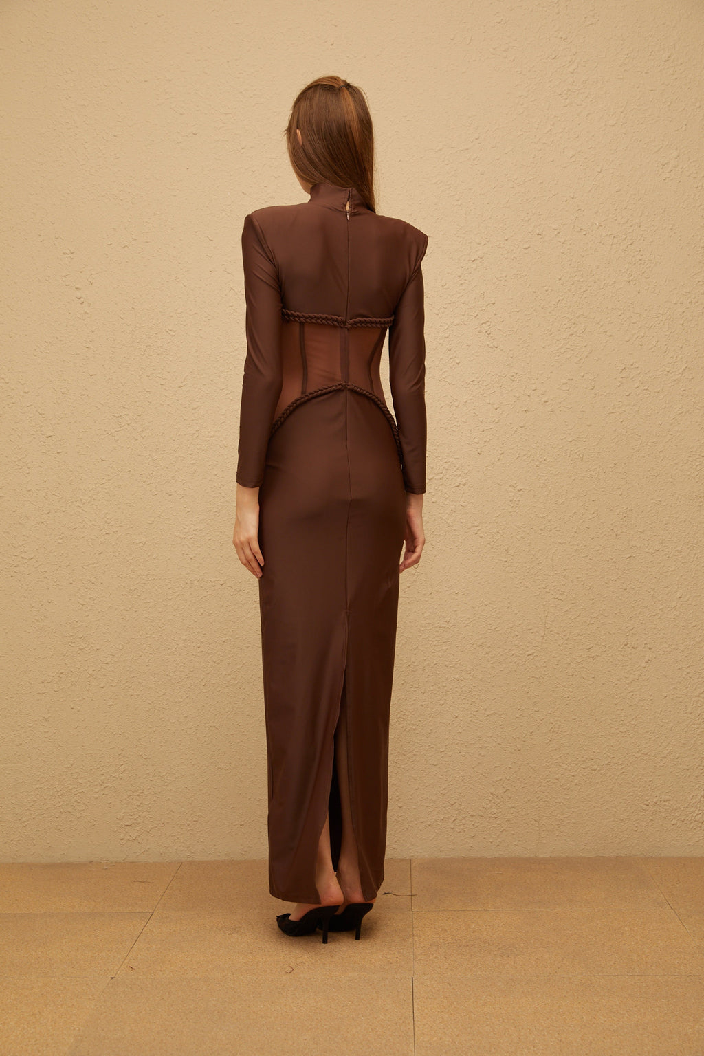 Amaryllis Brown Mesh Panel Corset Maxi Dress